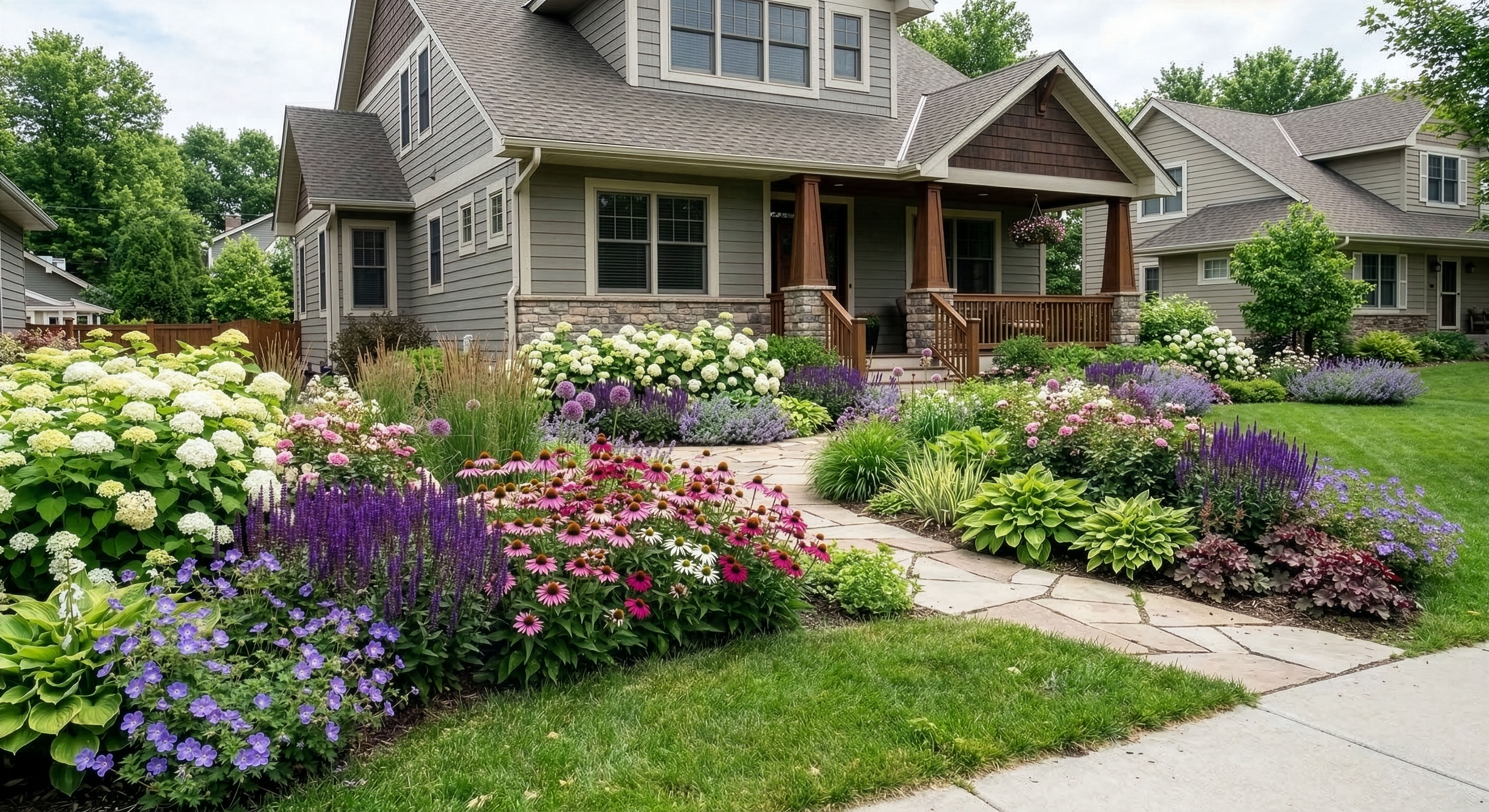 Front yard with the kind of layering and planting depth this package delivers