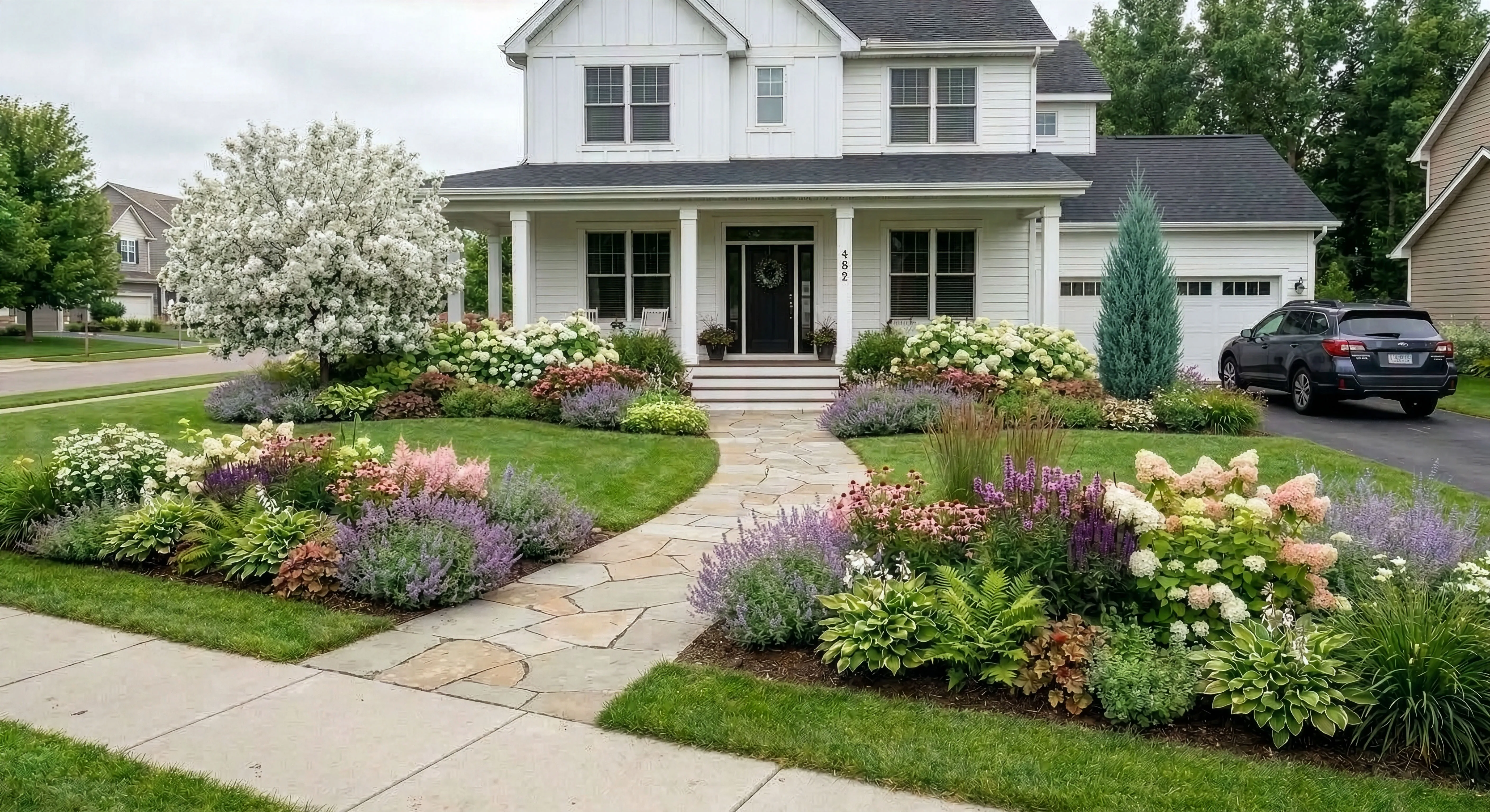 Symmetrical cottage-style beds with catmint, blush astilbe, white hydrangeas, and hosta flanking a farmhouse entry walk