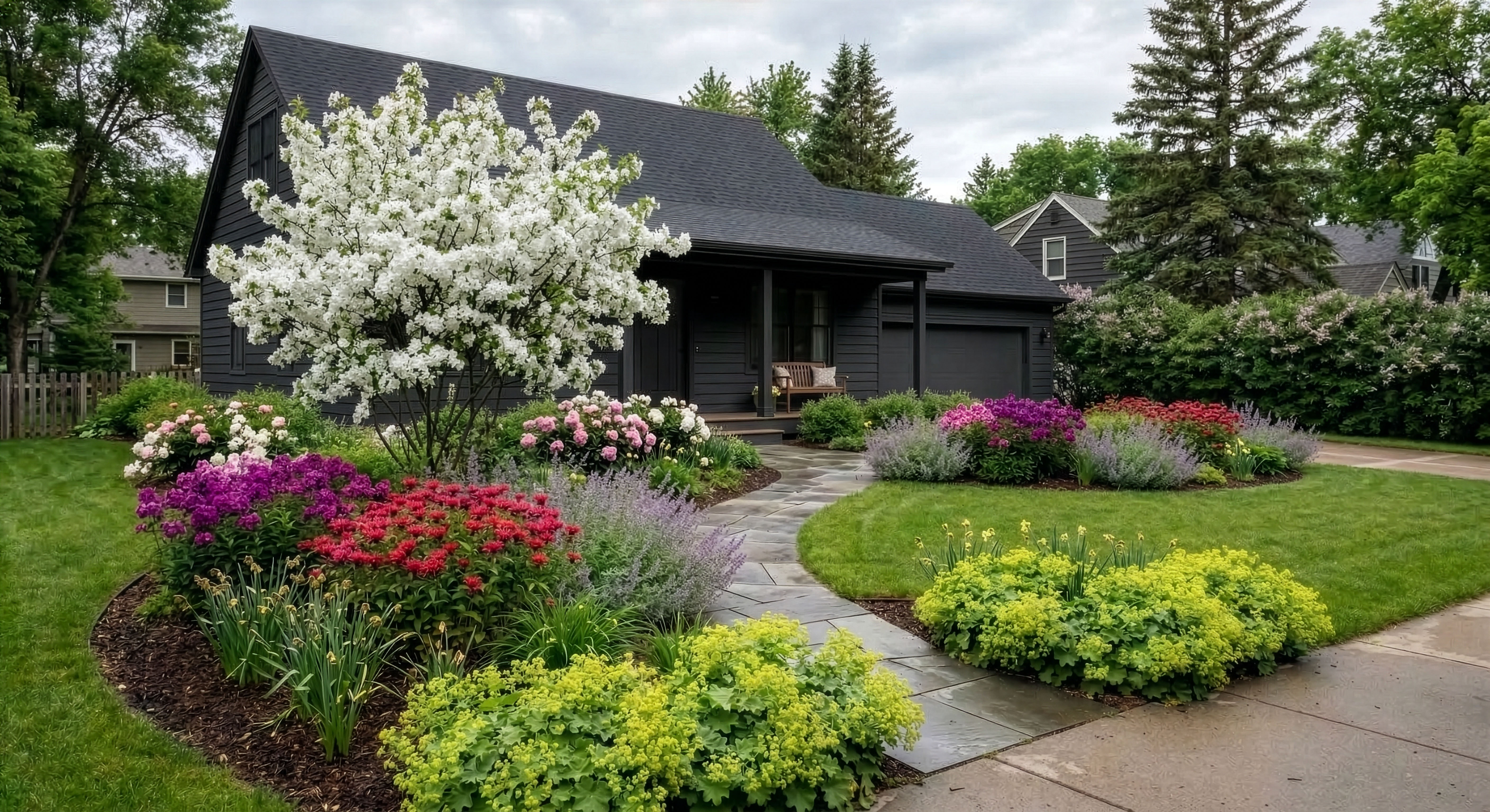 Front yard transformation with layered beds and stronger curb appeal