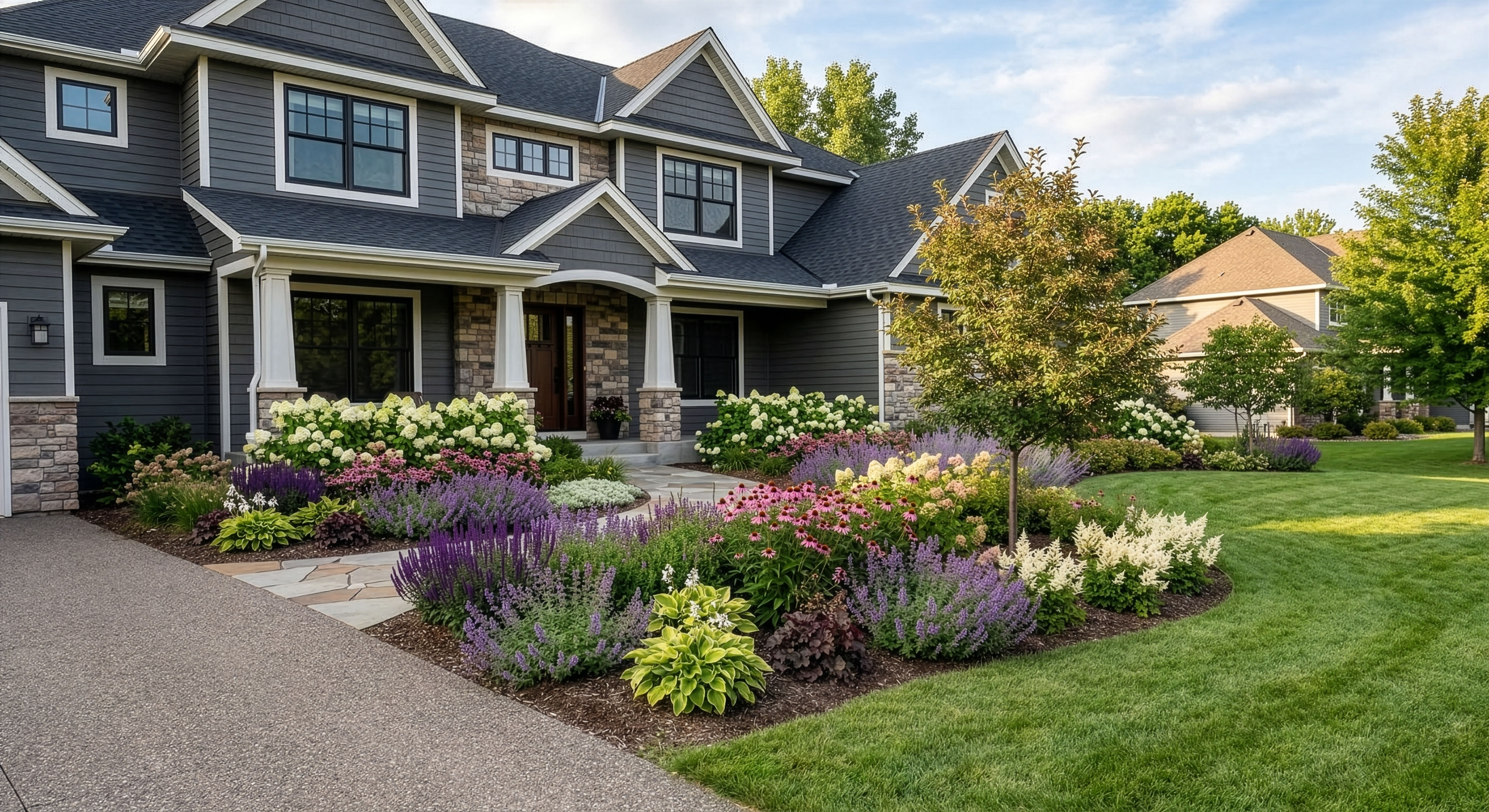 Plymouth front yard with color infusion plantings and structured beds