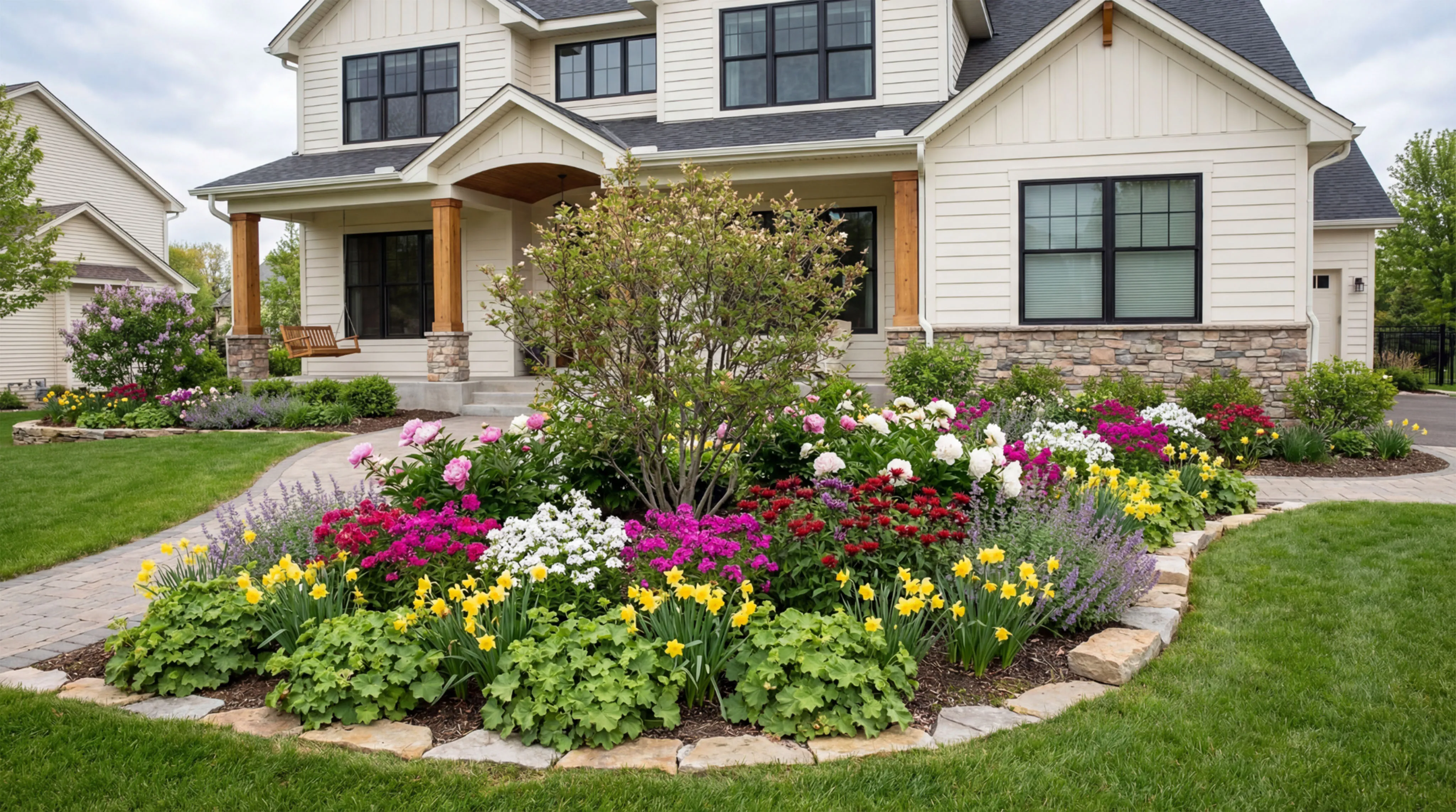 Central island bed with a multi-stem flowering shrub, yellow daffodils, magenta blooms, and lavender in an open front lawn