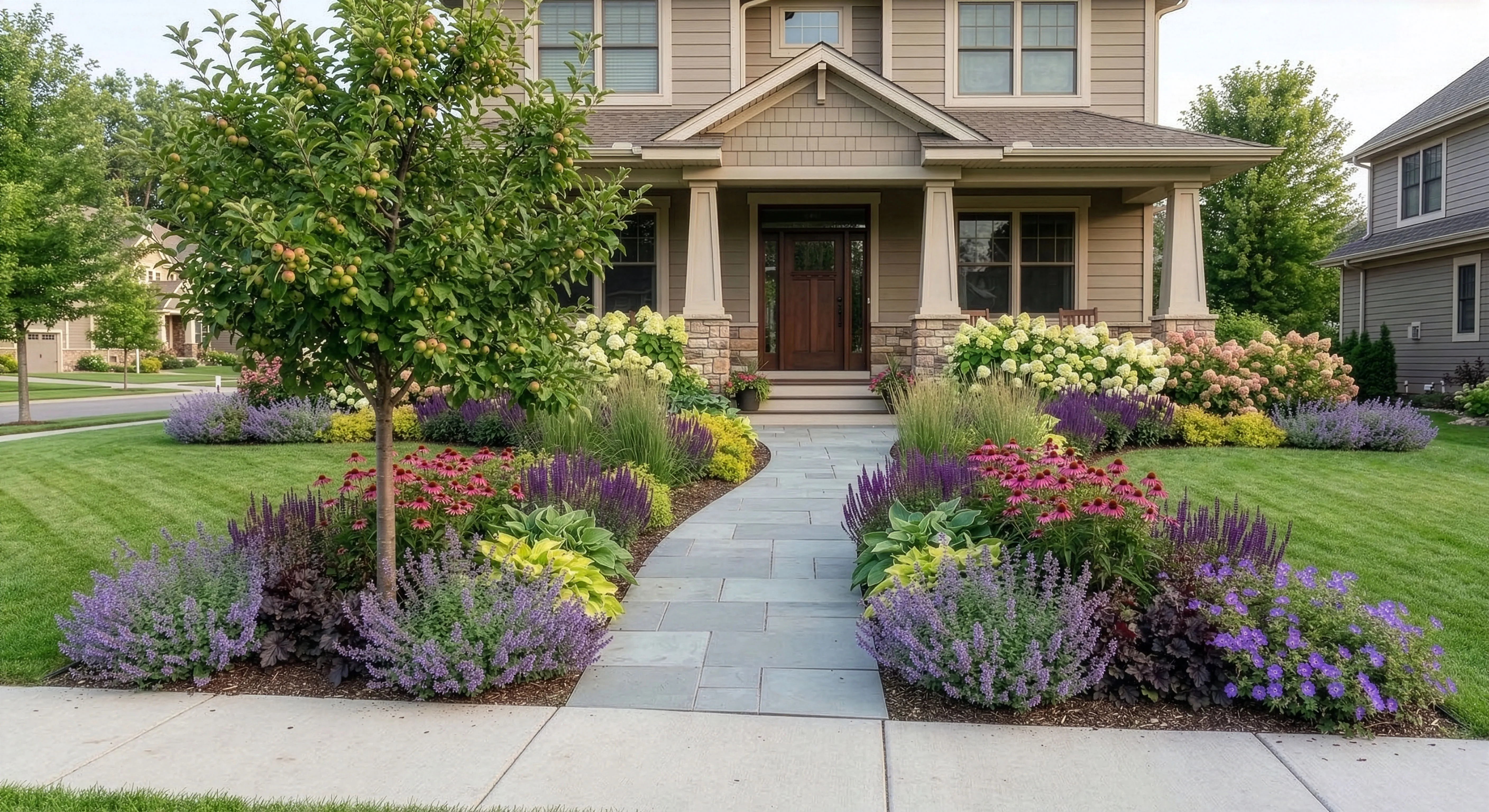 Color Infusion front yard with layered flowering plants