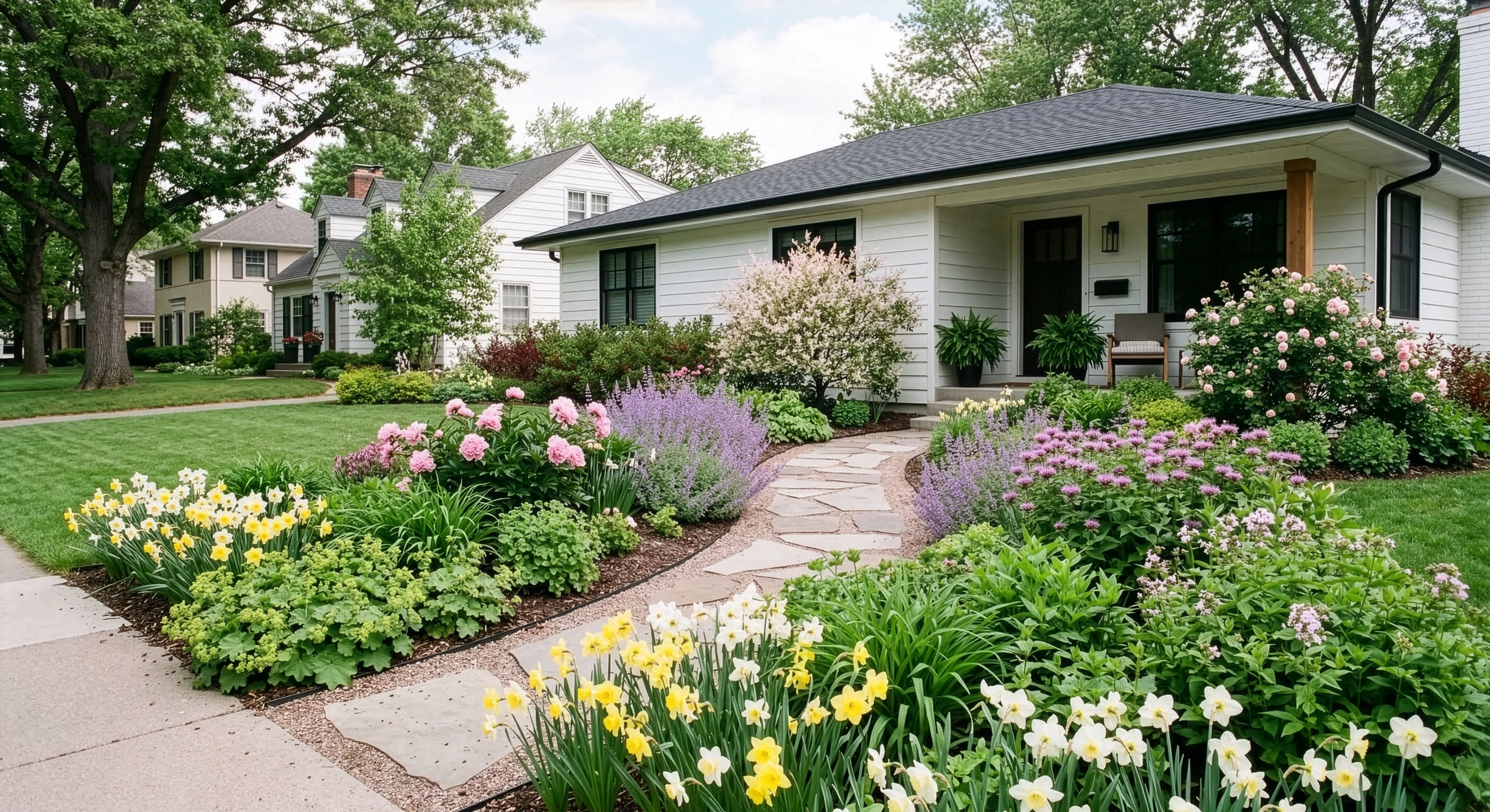 White bungalow with a long spring cottage bed of yellow narcissus, pink peonies, lavender catmint, and pink alliums