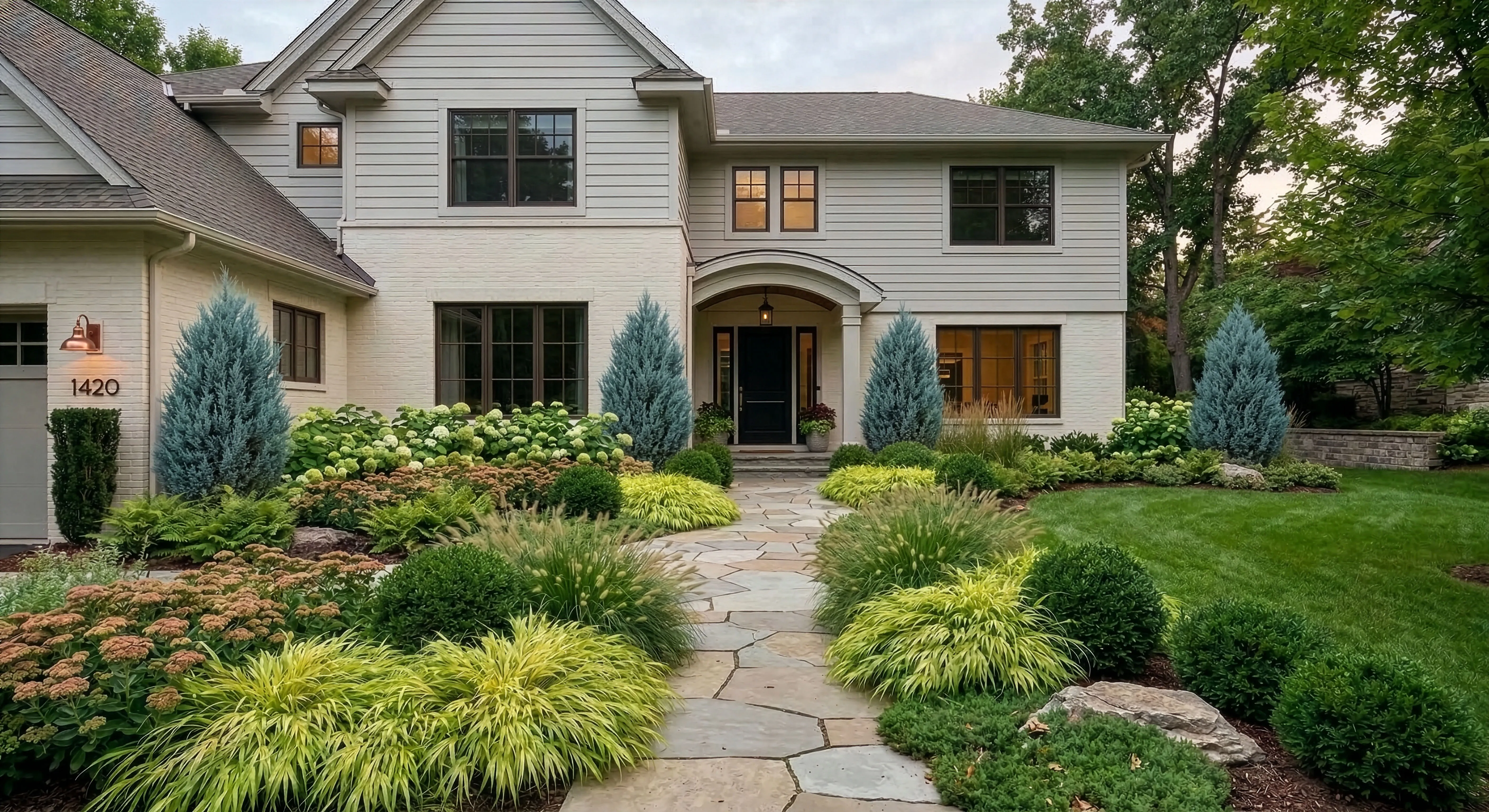 Evergreen foundation planting on a Maple Grove home