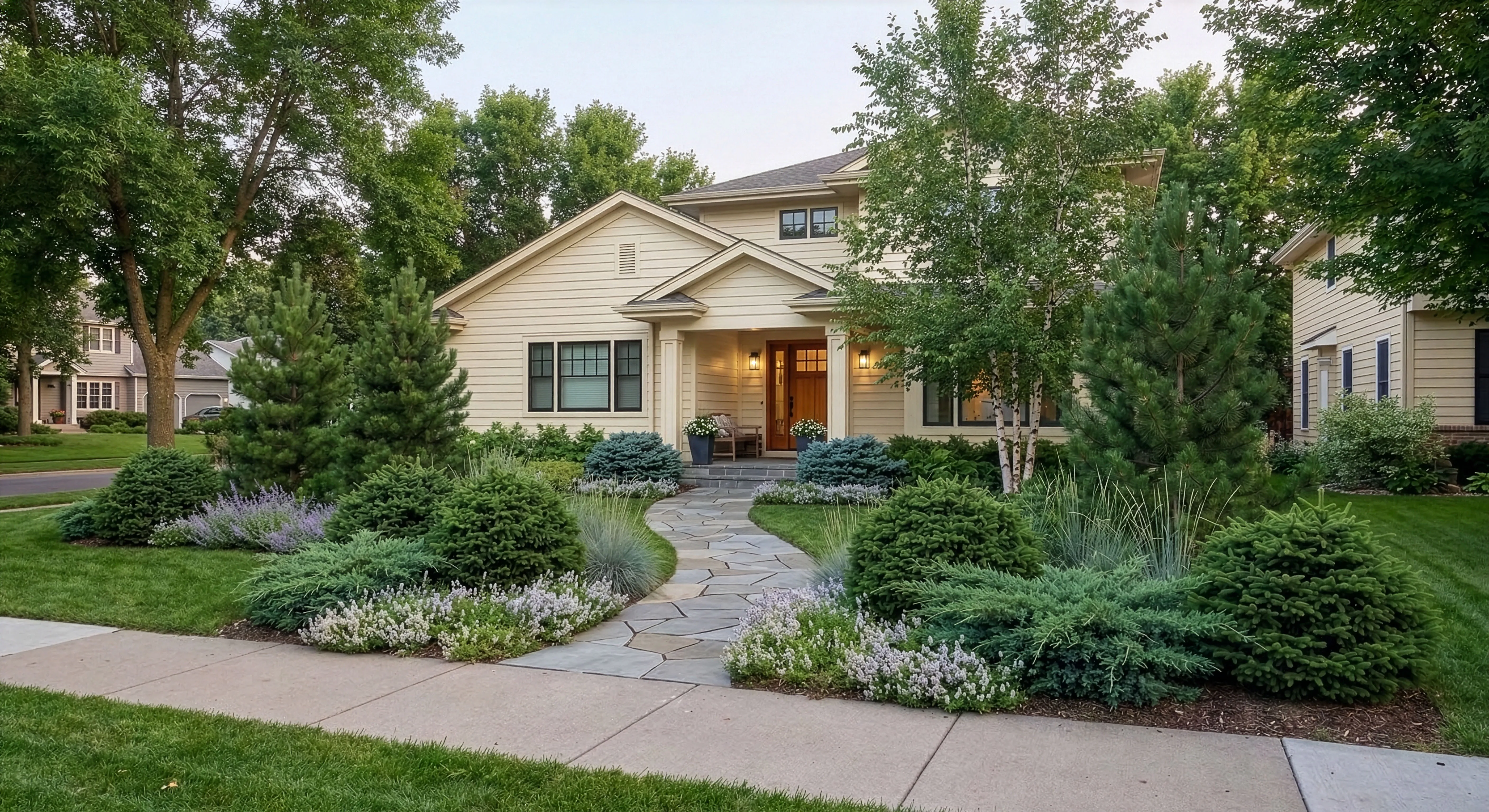 Craftsman bungalow with globe blue spruce, spreading juniper, and a multi-stem white birch anchoring the right corner