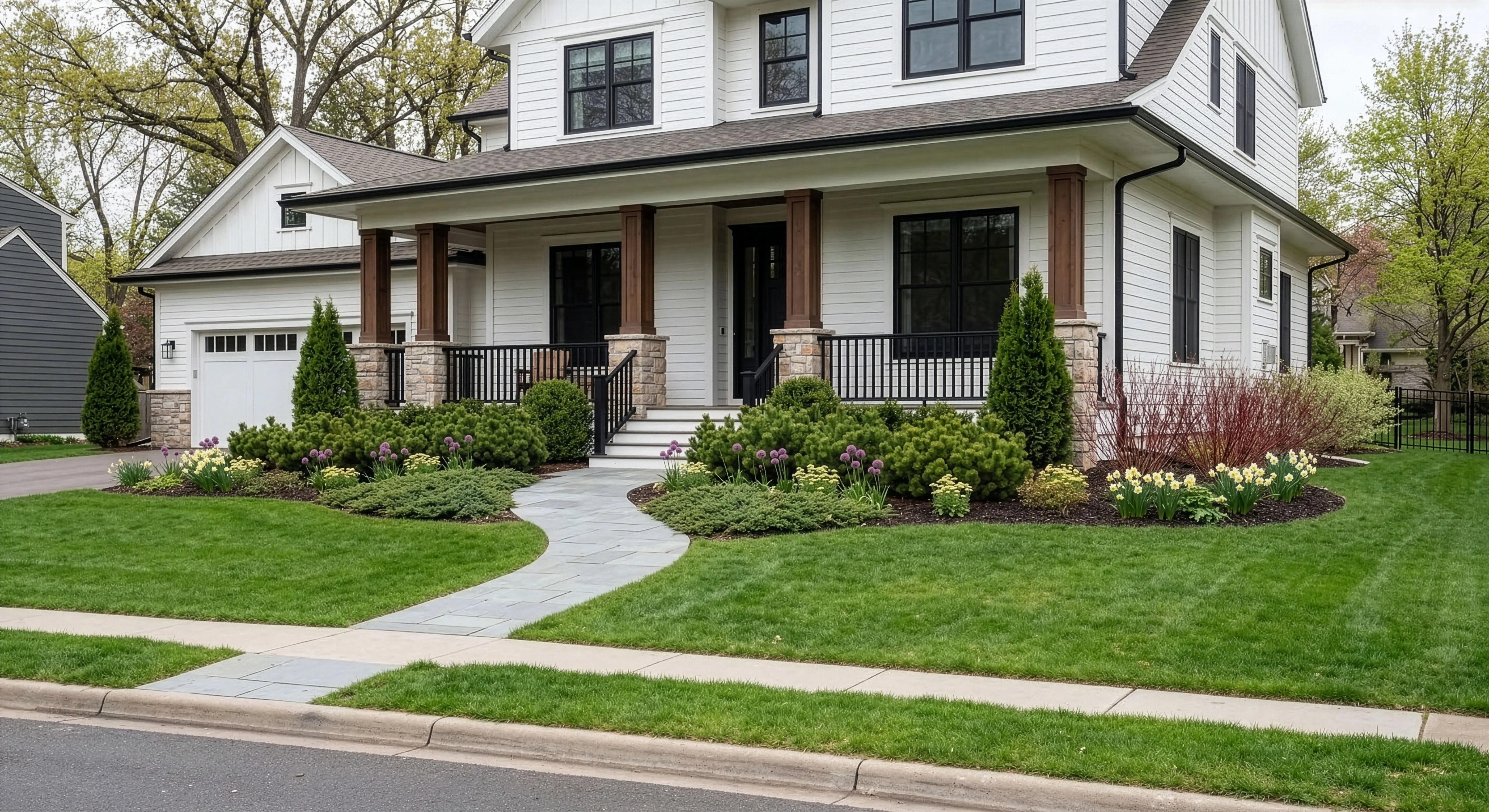 Evergreen foundation planting on a Chanhassen front yard