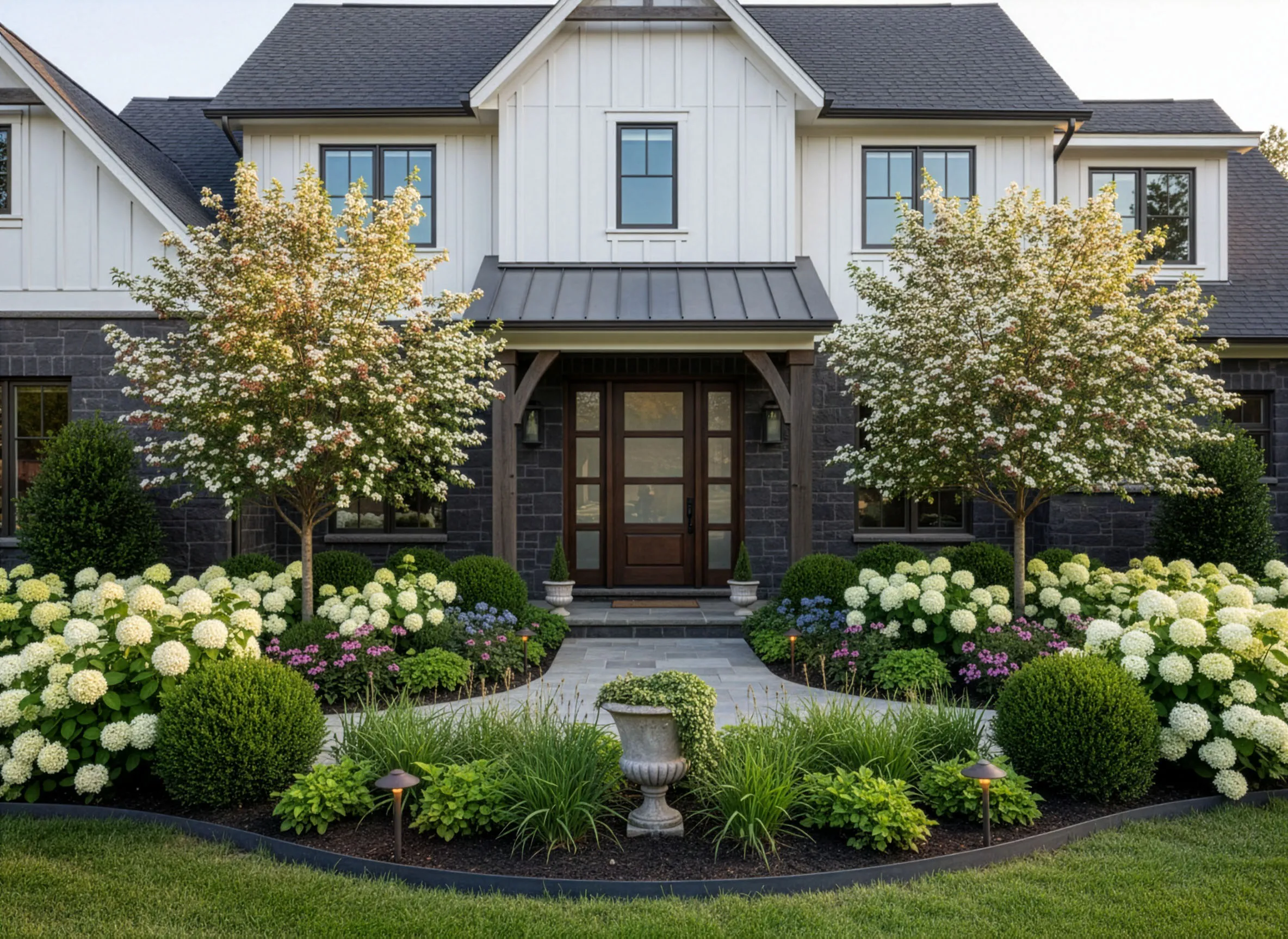 Maple Grove front yard with layered plantings and clean stone edging