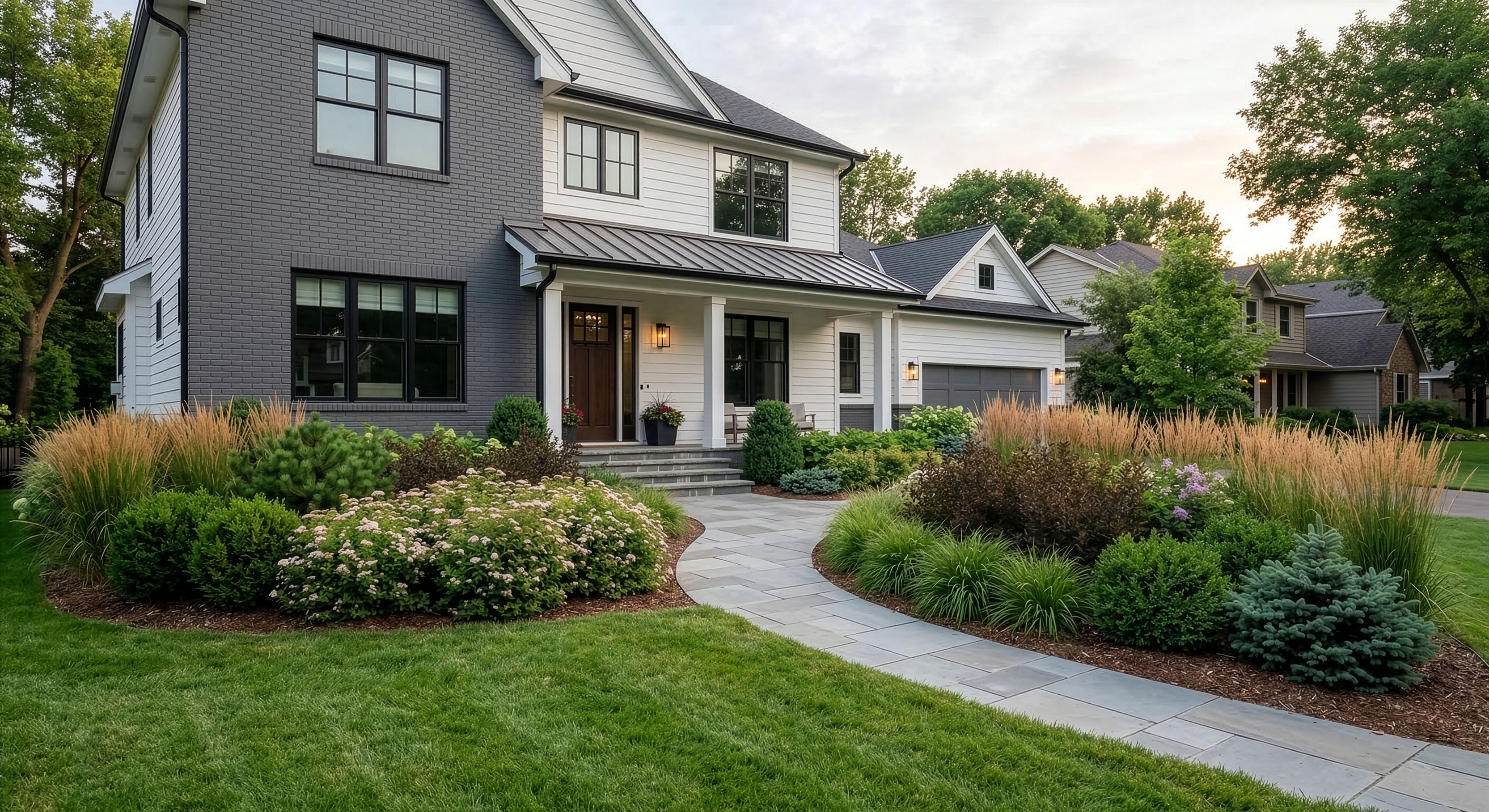 Completed front yard transformation showing the density and architectural presence this package delivers