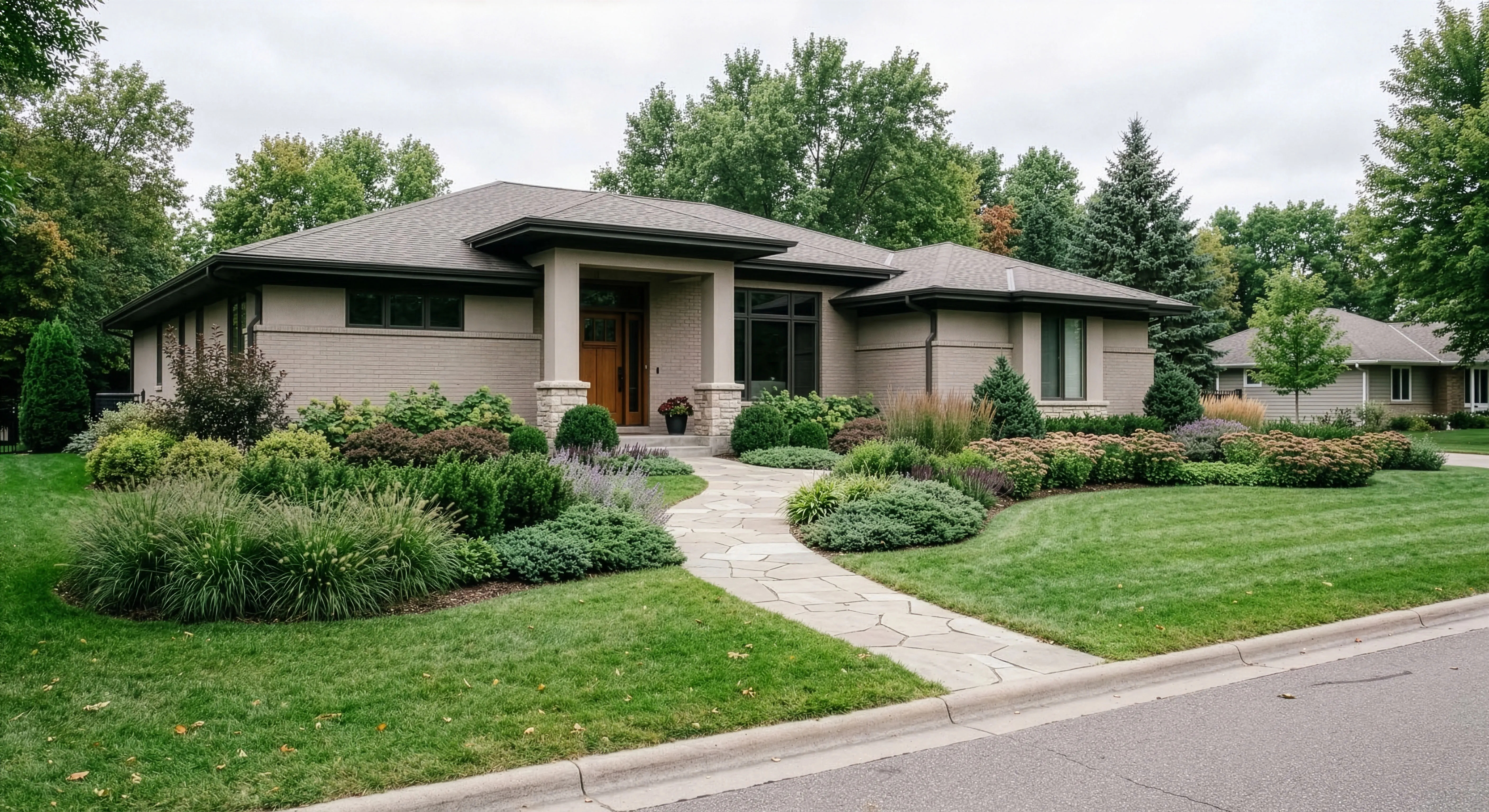 Prairie-style ranch home with ornamental grasses in full amber fall color and globe evergreen shrubs at the corners