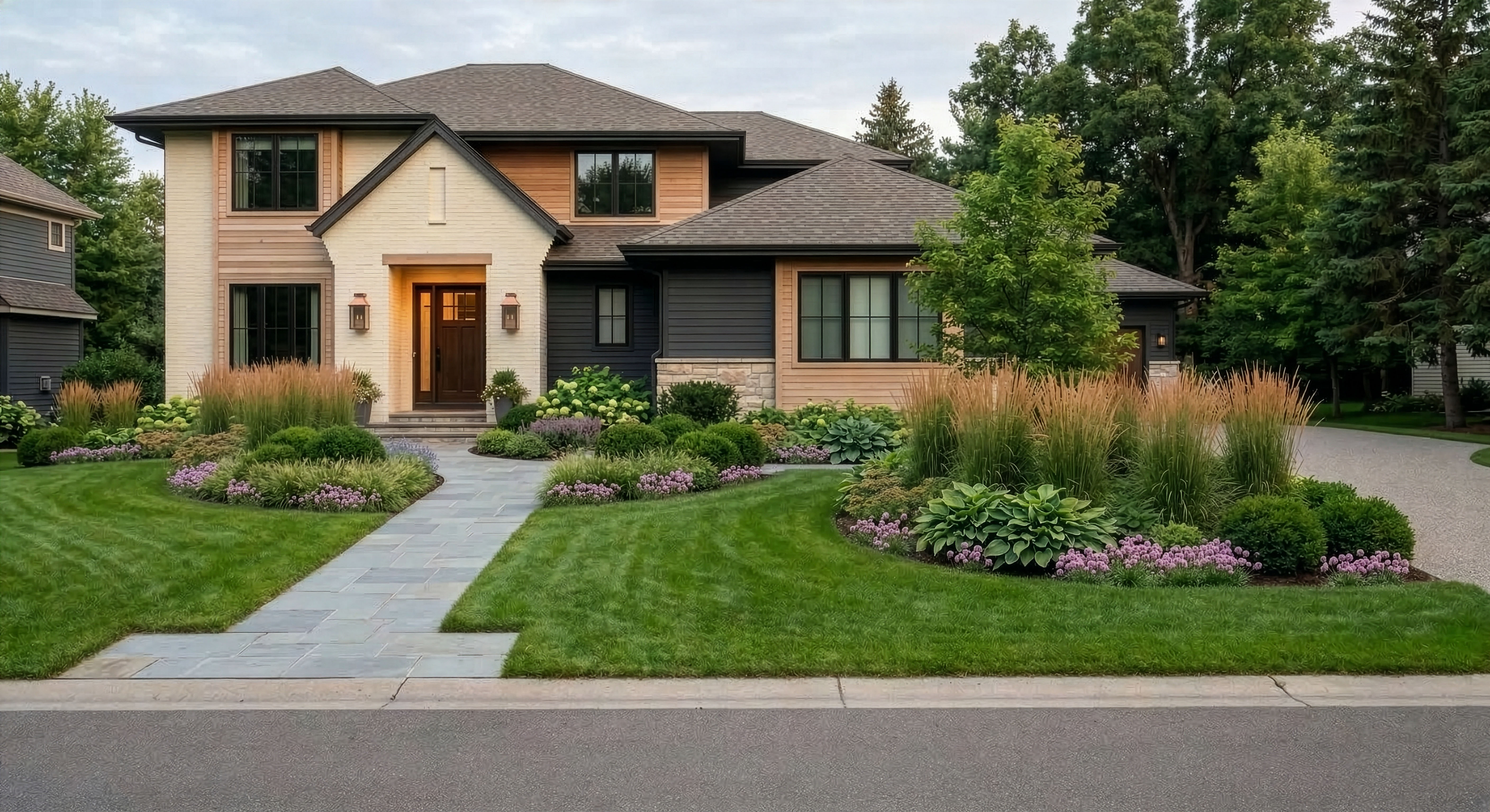 Completed front yard transformation showing the structure and presence a Refresh installation delivers