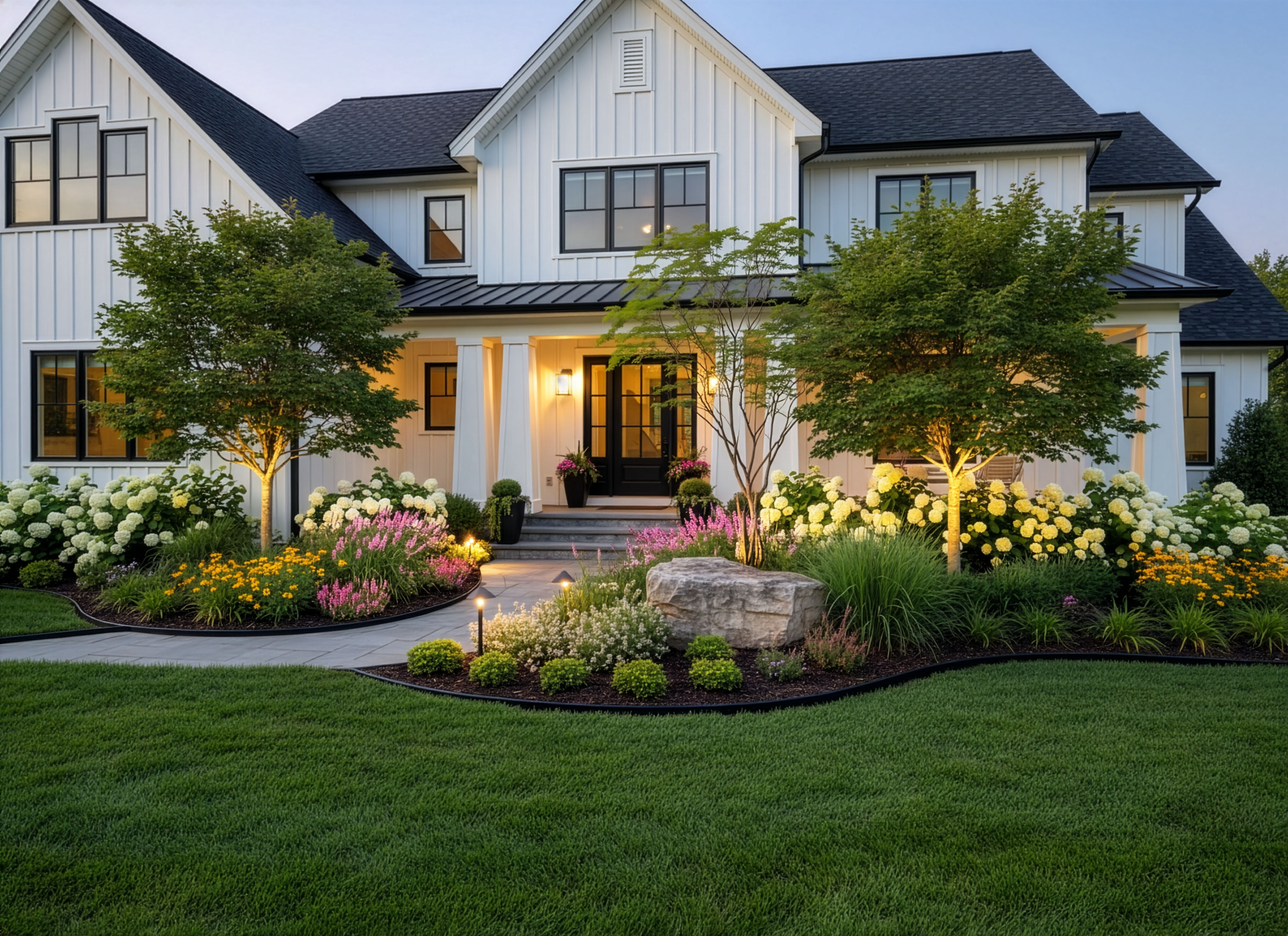 Front yard landscape with stronger entry framing and layered planting beds