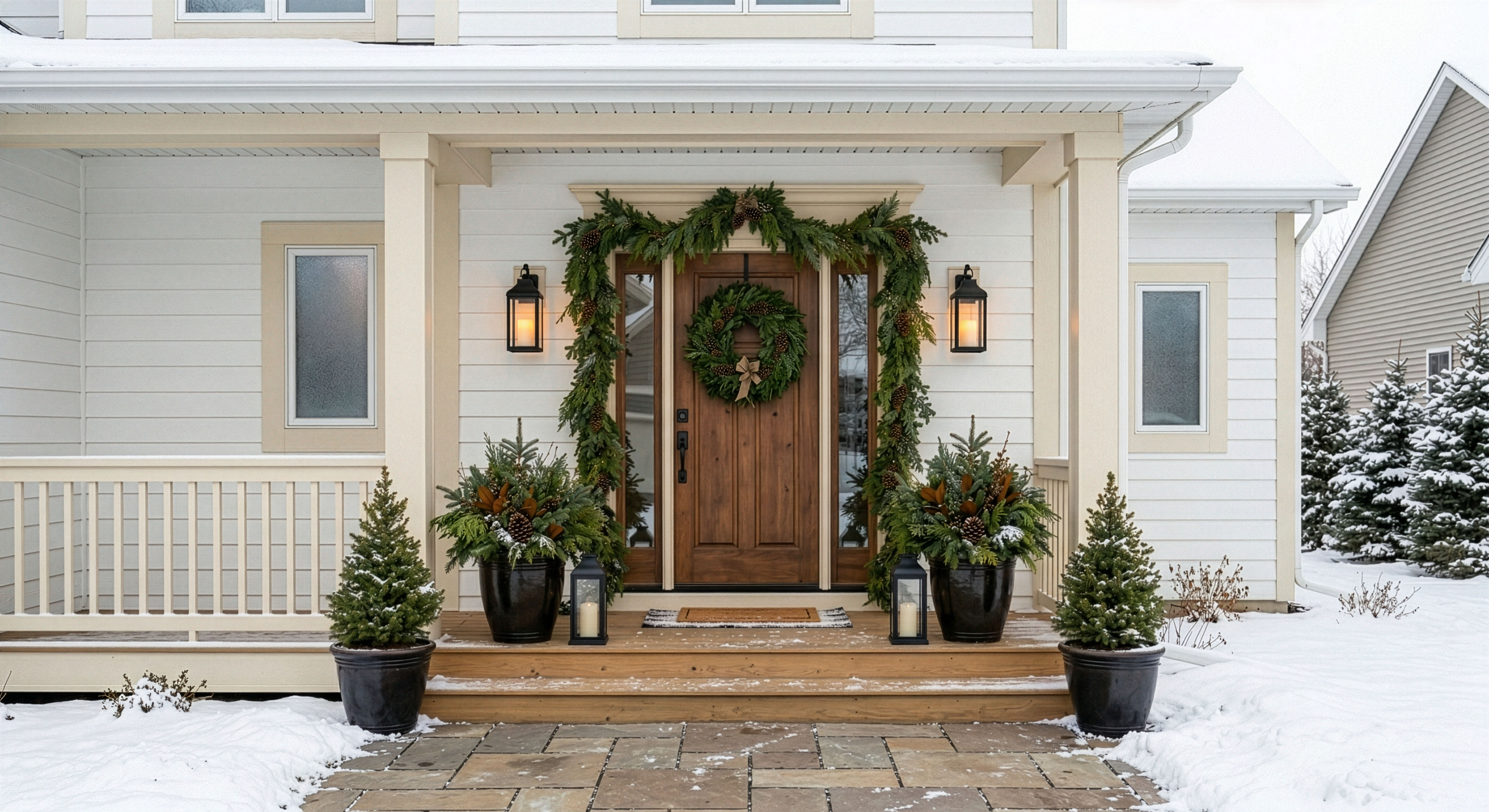 Twin Cities front porch with Christmas greenery and winter container styling
