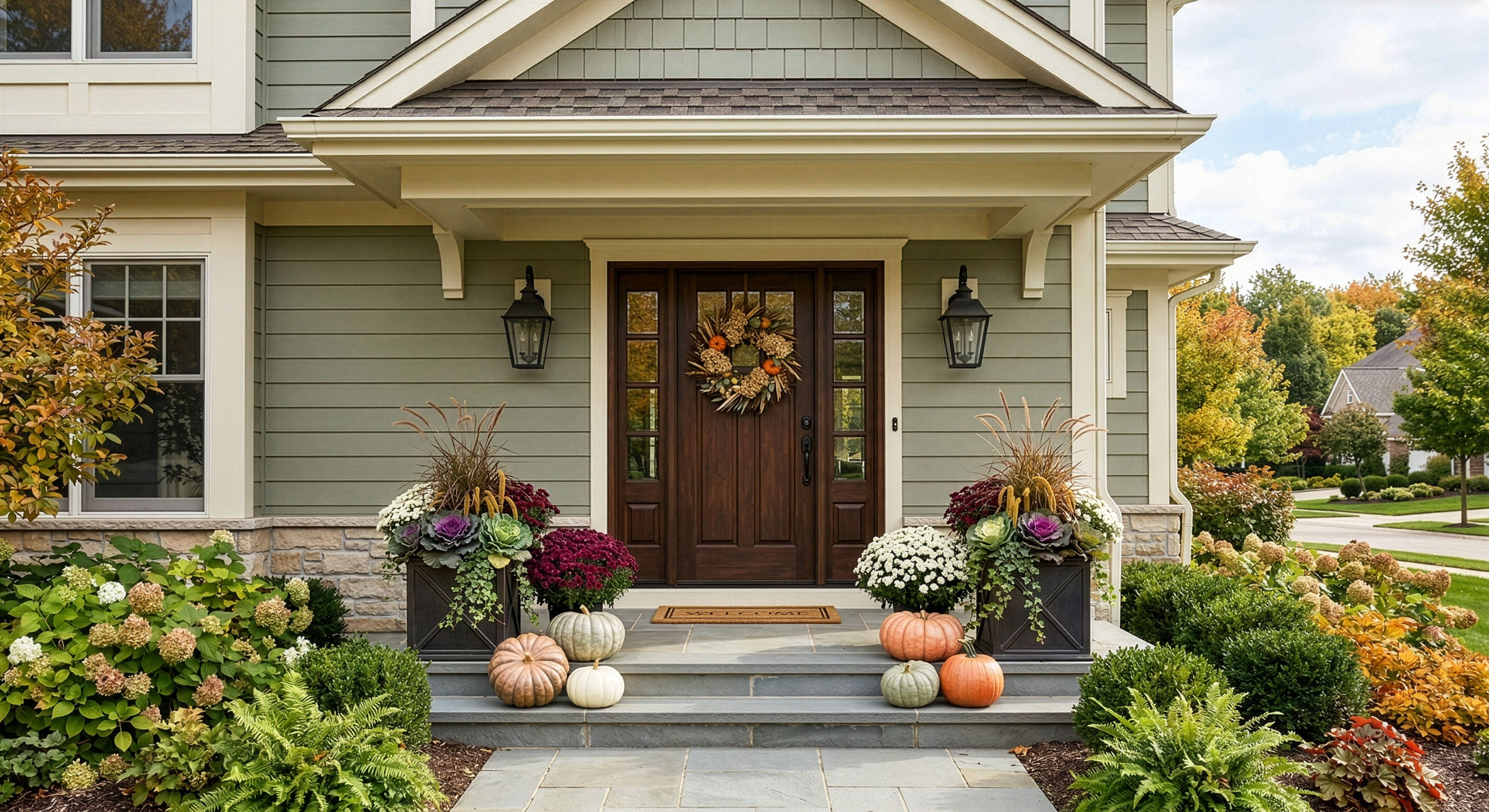 Minnetonka front porch with pumpkins, fall containers, and harvest decor
