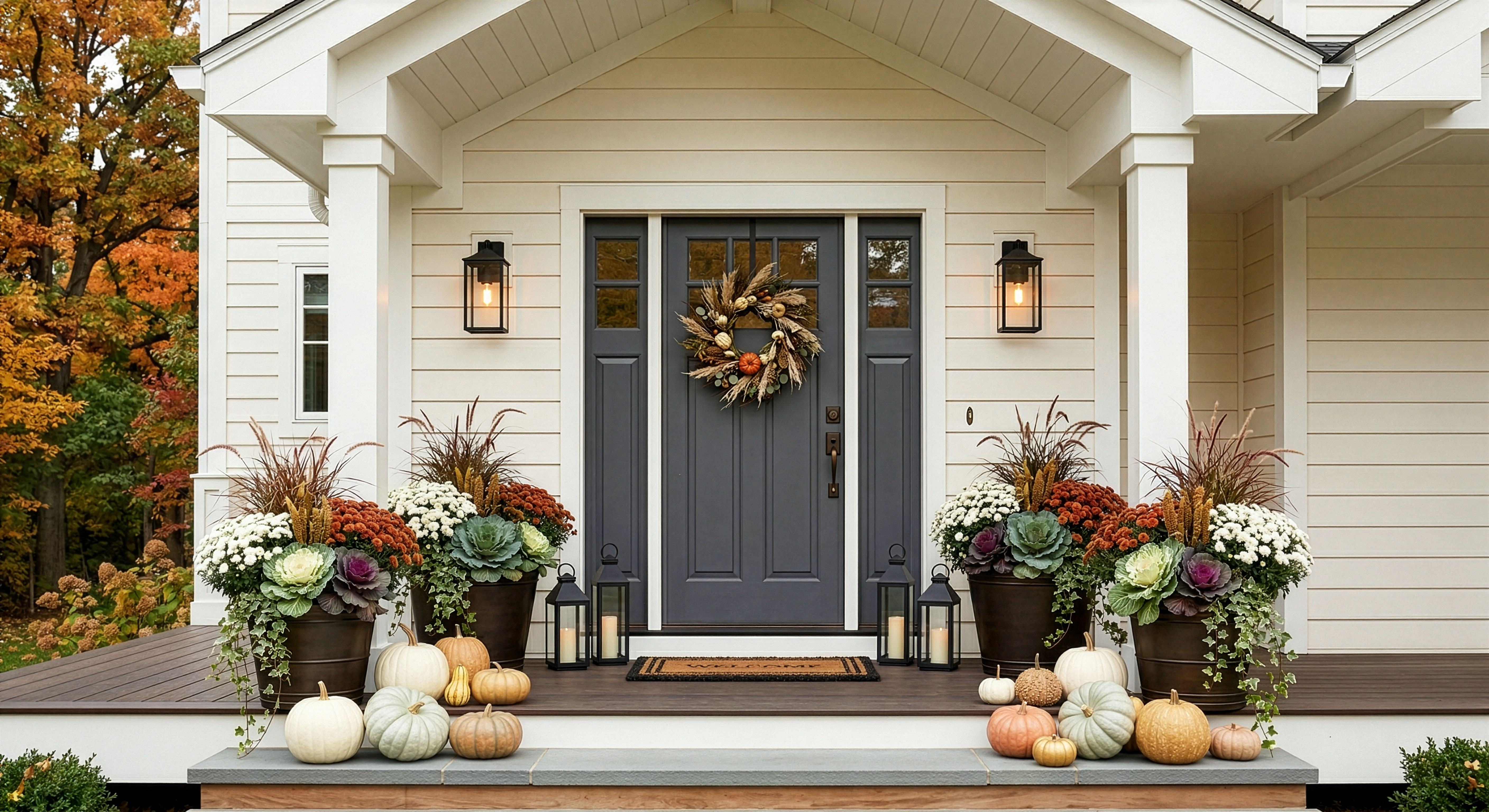 Fall porch containers with pumpkins and layered harvest styling in the Twin Cities