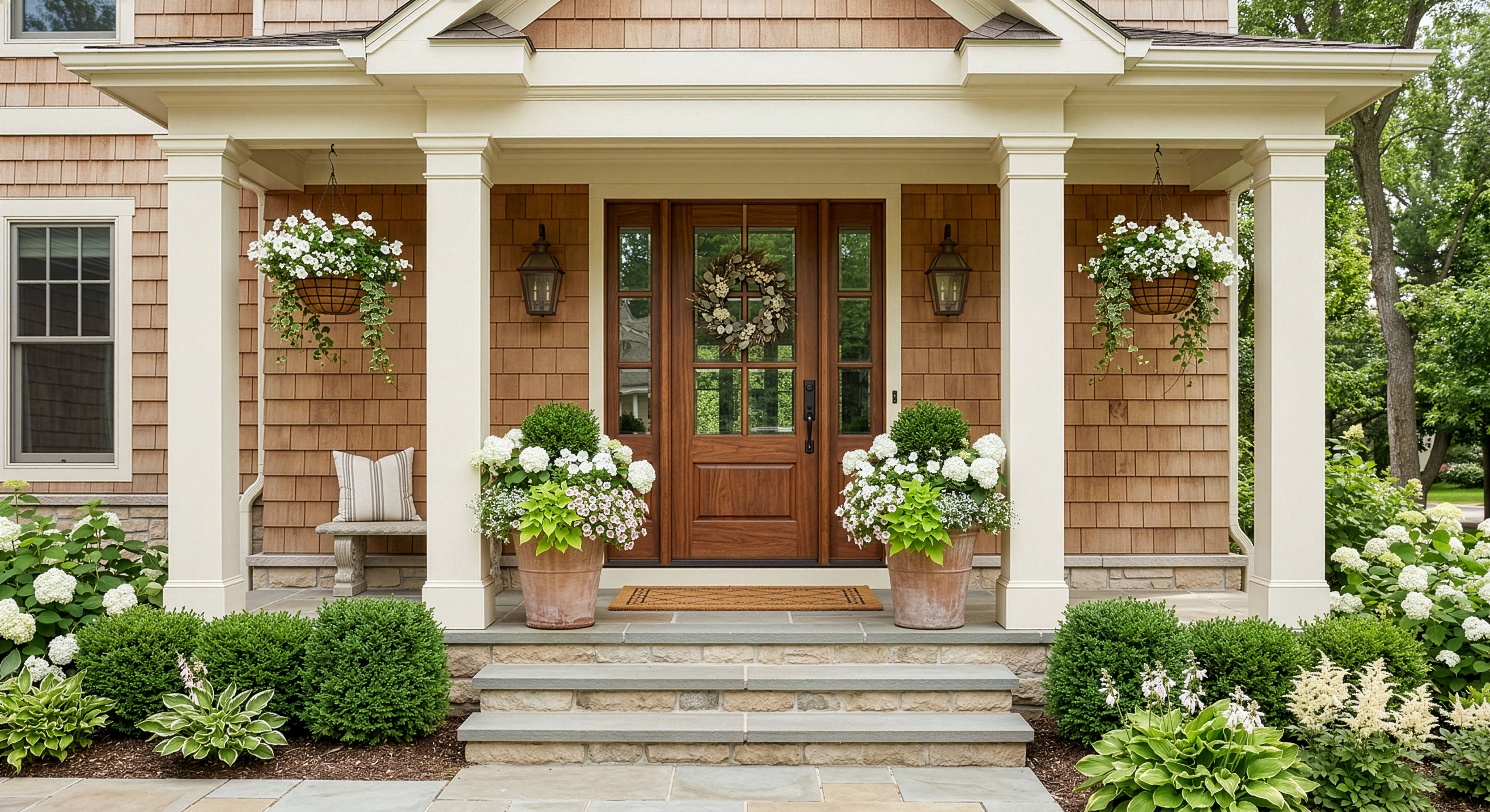 Summer porch container design with layered flowers in Minneapolis and St. Paul