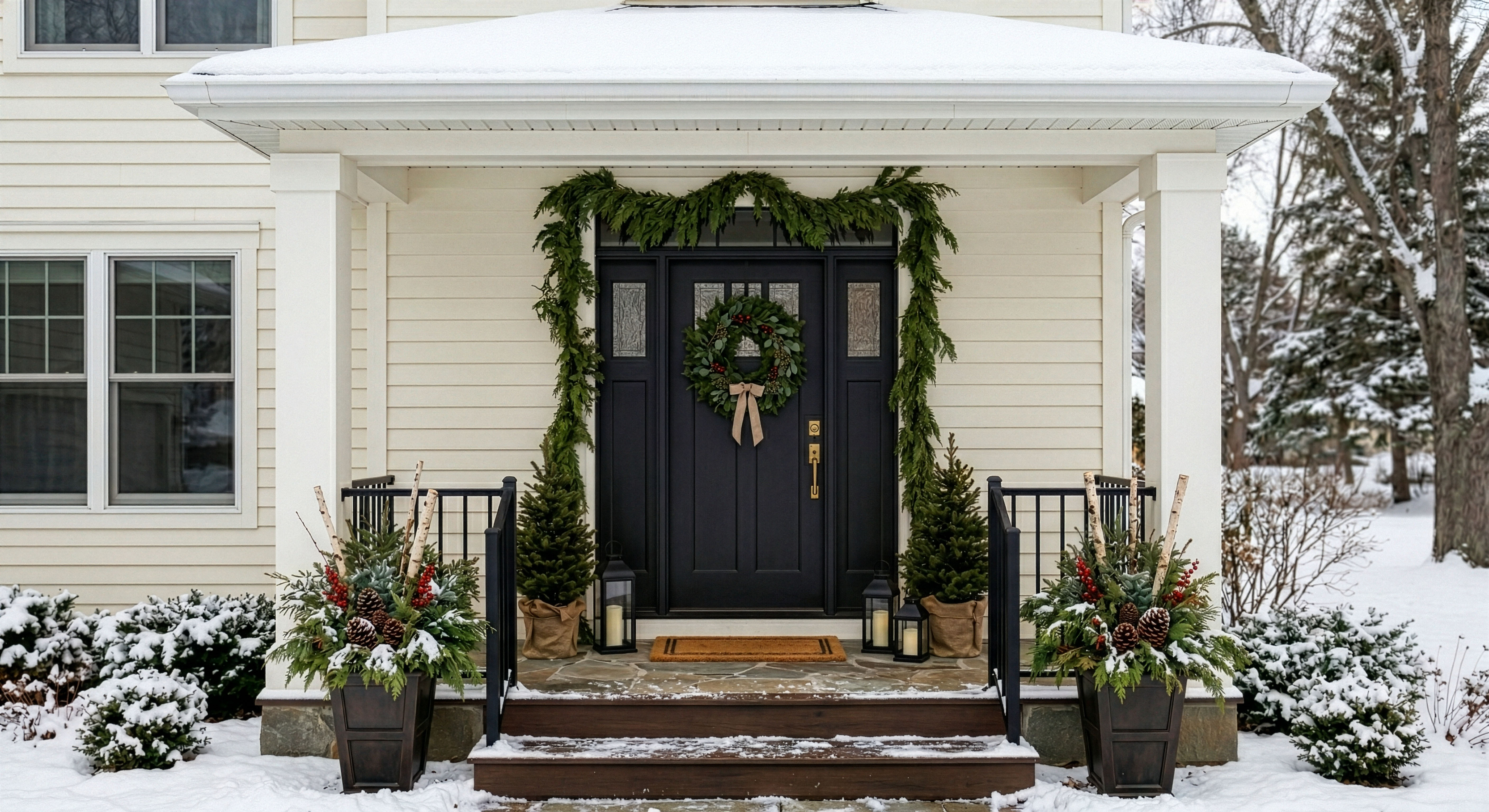 Twin Cities porch with Christmas containers and layered winter greenery