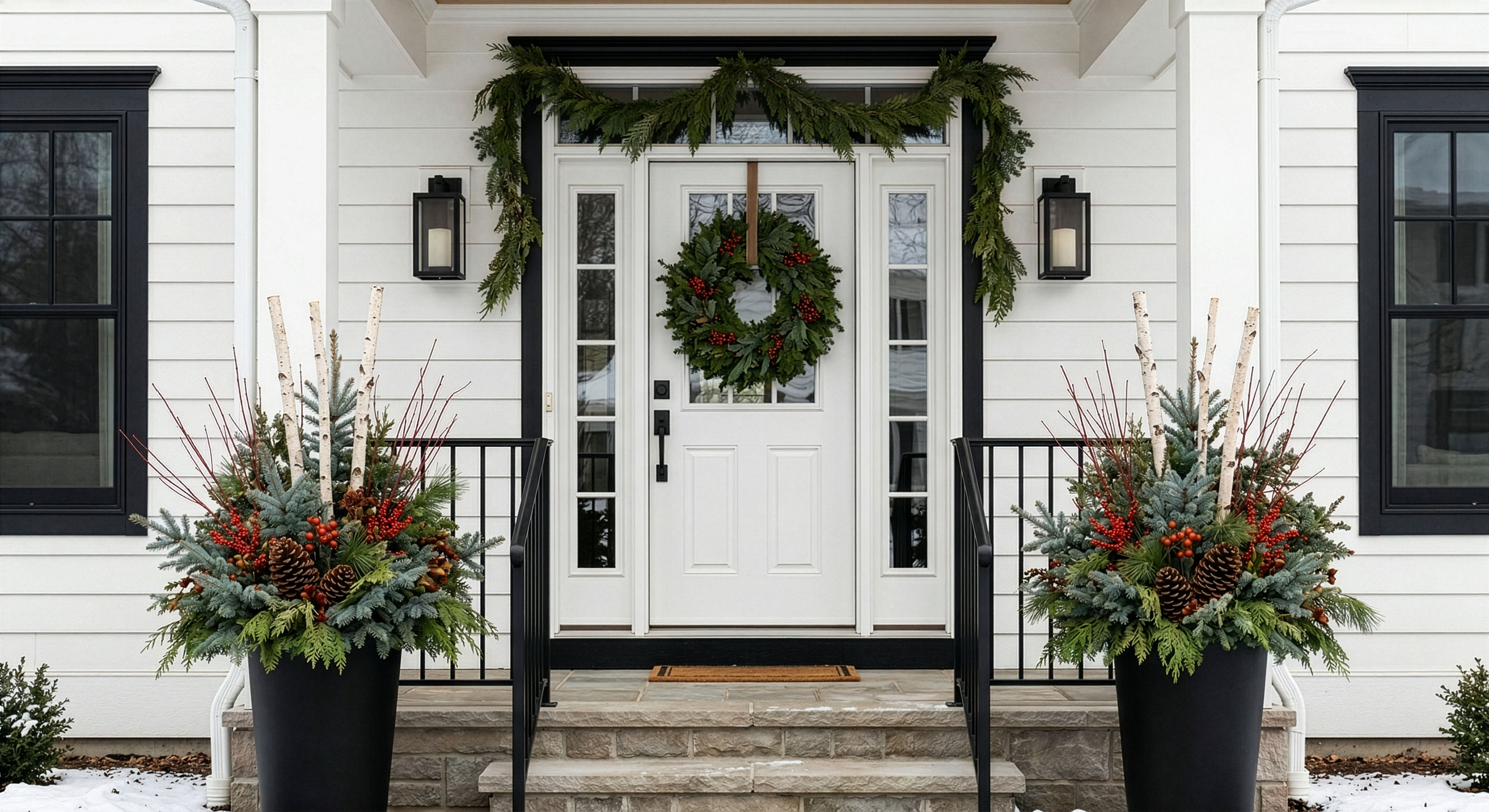 Front porch with fresh winter greenery containers and natural holiday styling