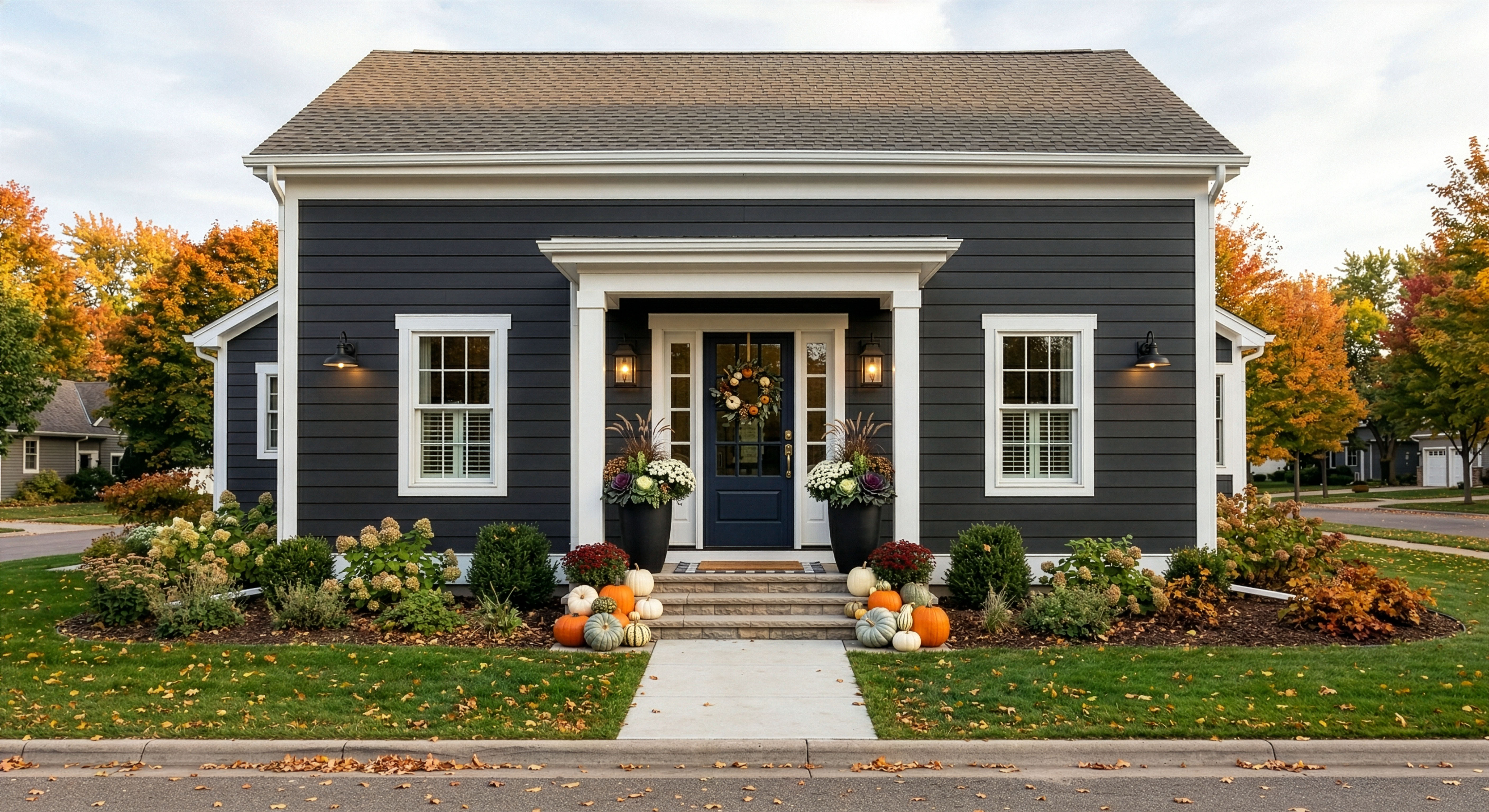 Front porch with curated pumpkins, mums, and layered fall harvest styling
