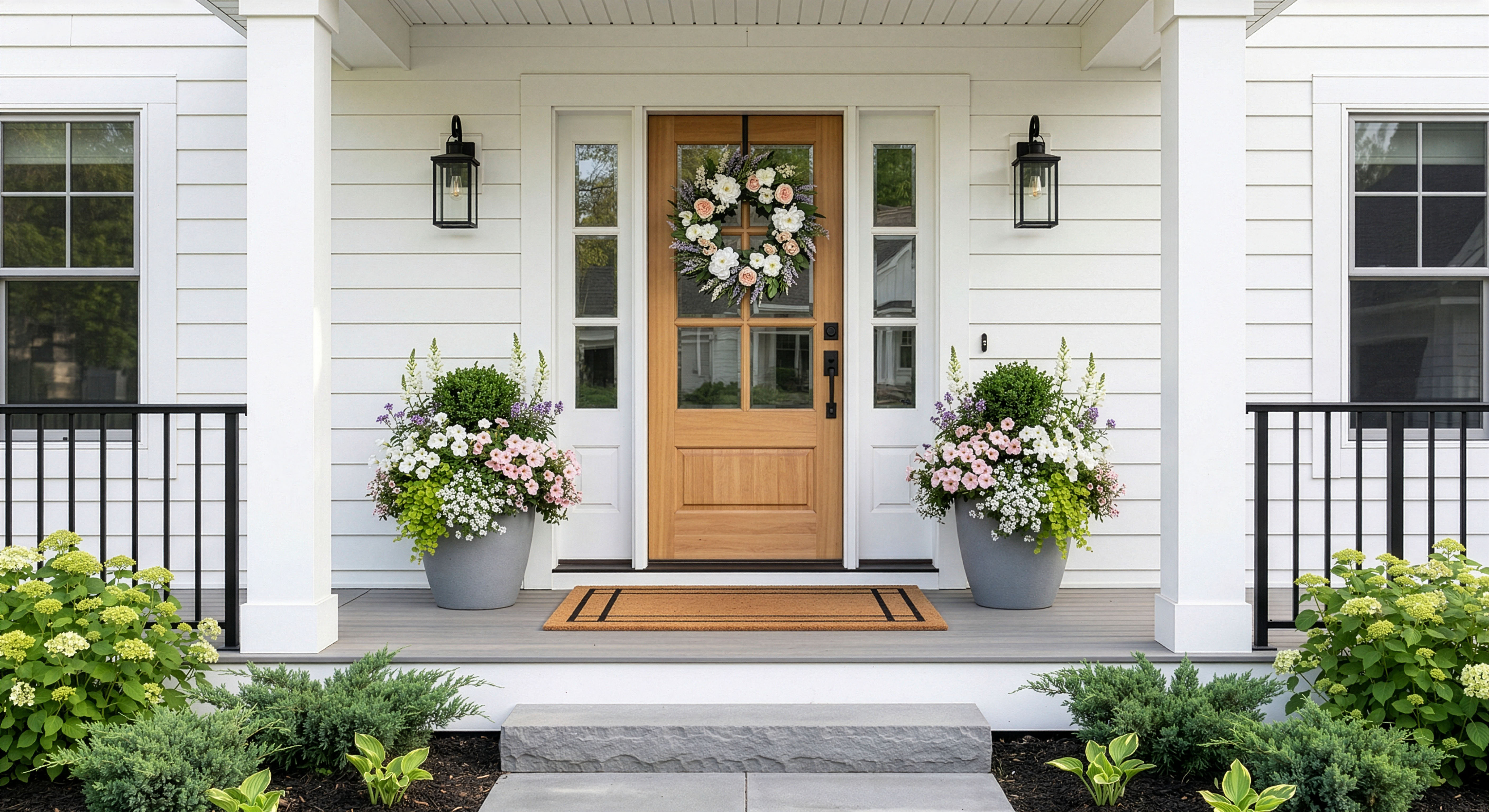 Front porch with layered spring container flowers and a polished entry
