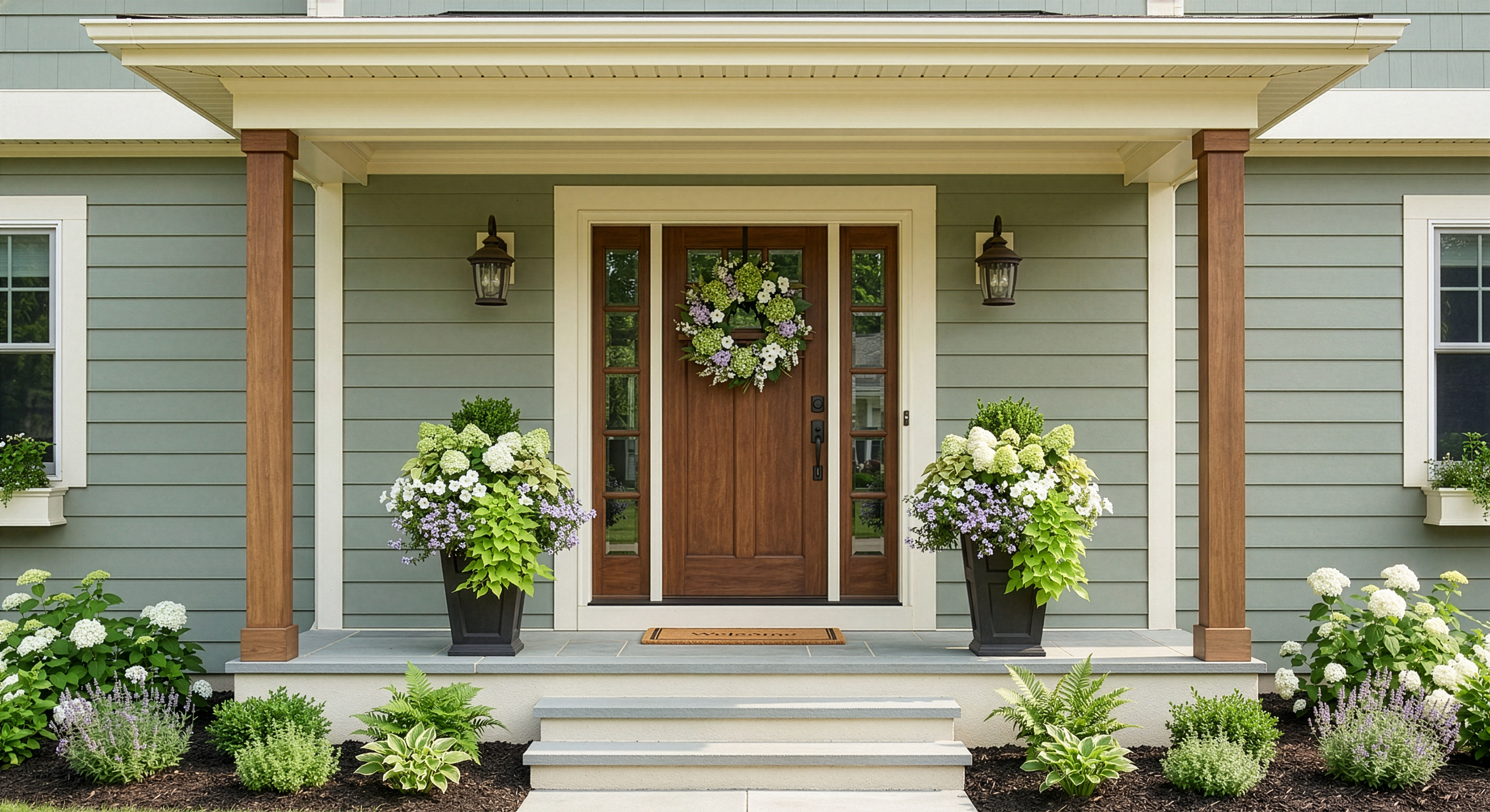 Minnesota summer porch containers with bright seasonal flowers