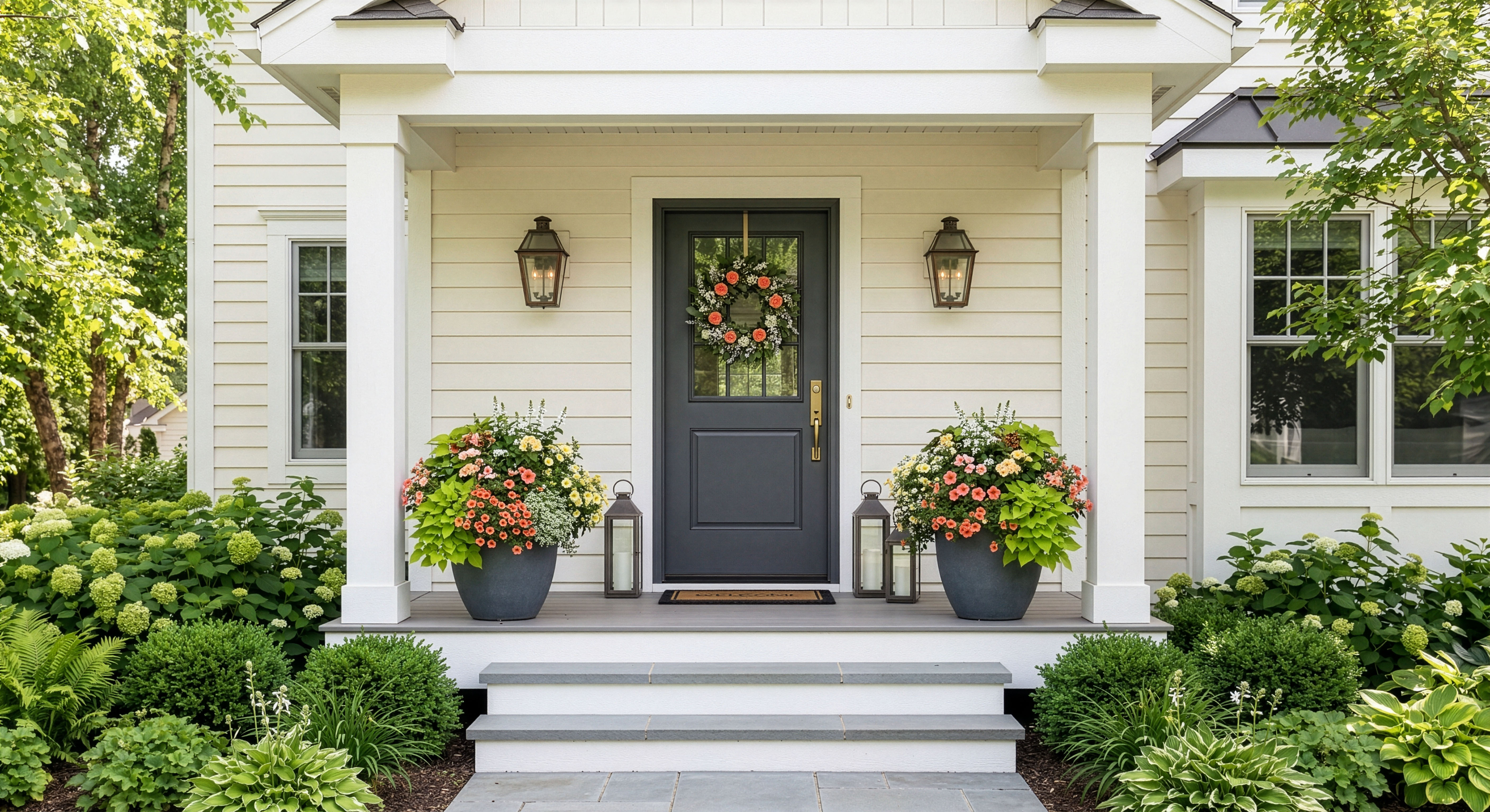 A front entry framed by planting and seasonal porch styling