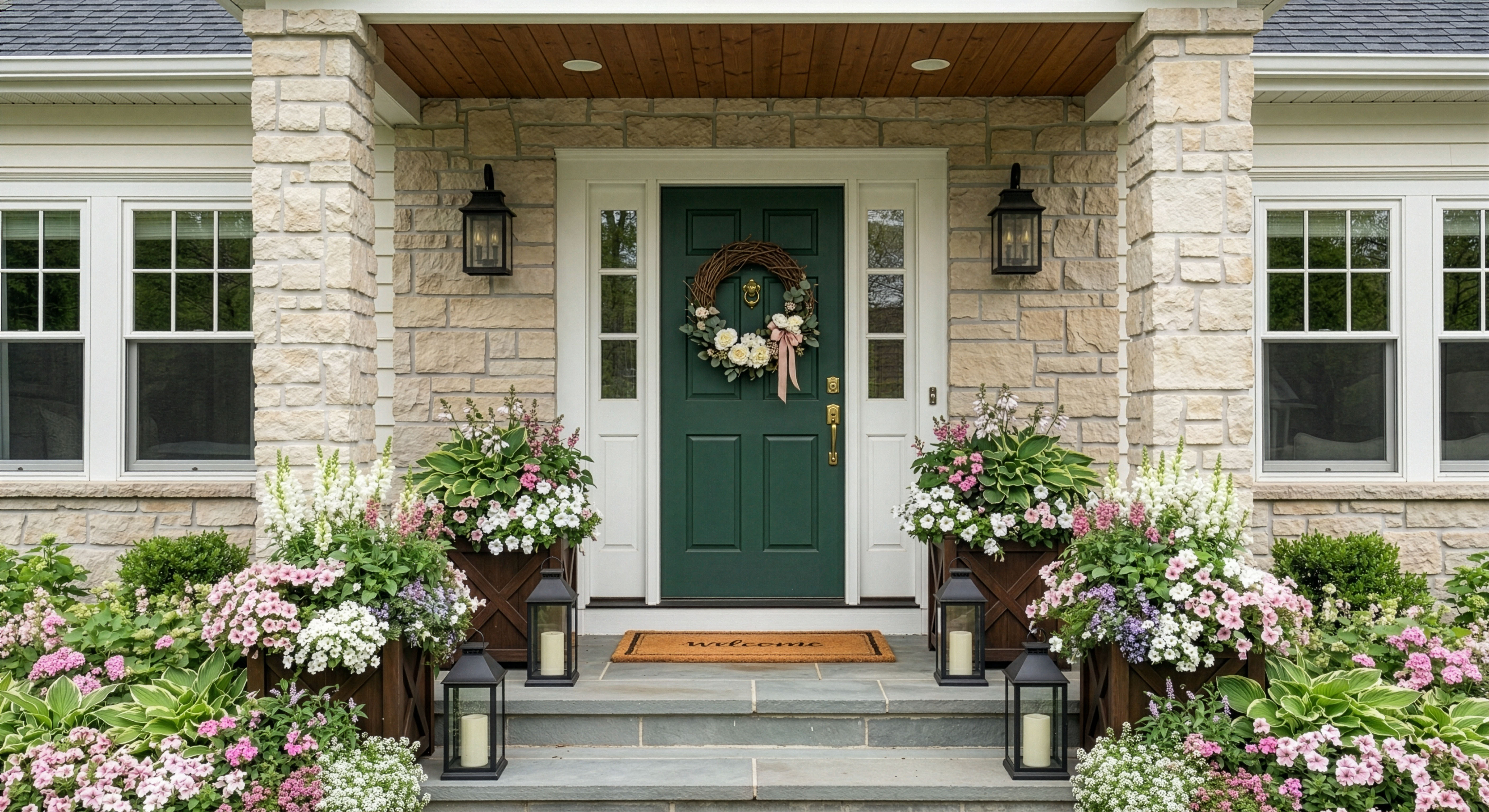 Twin Cities front porch with spring flowers in layered containers
