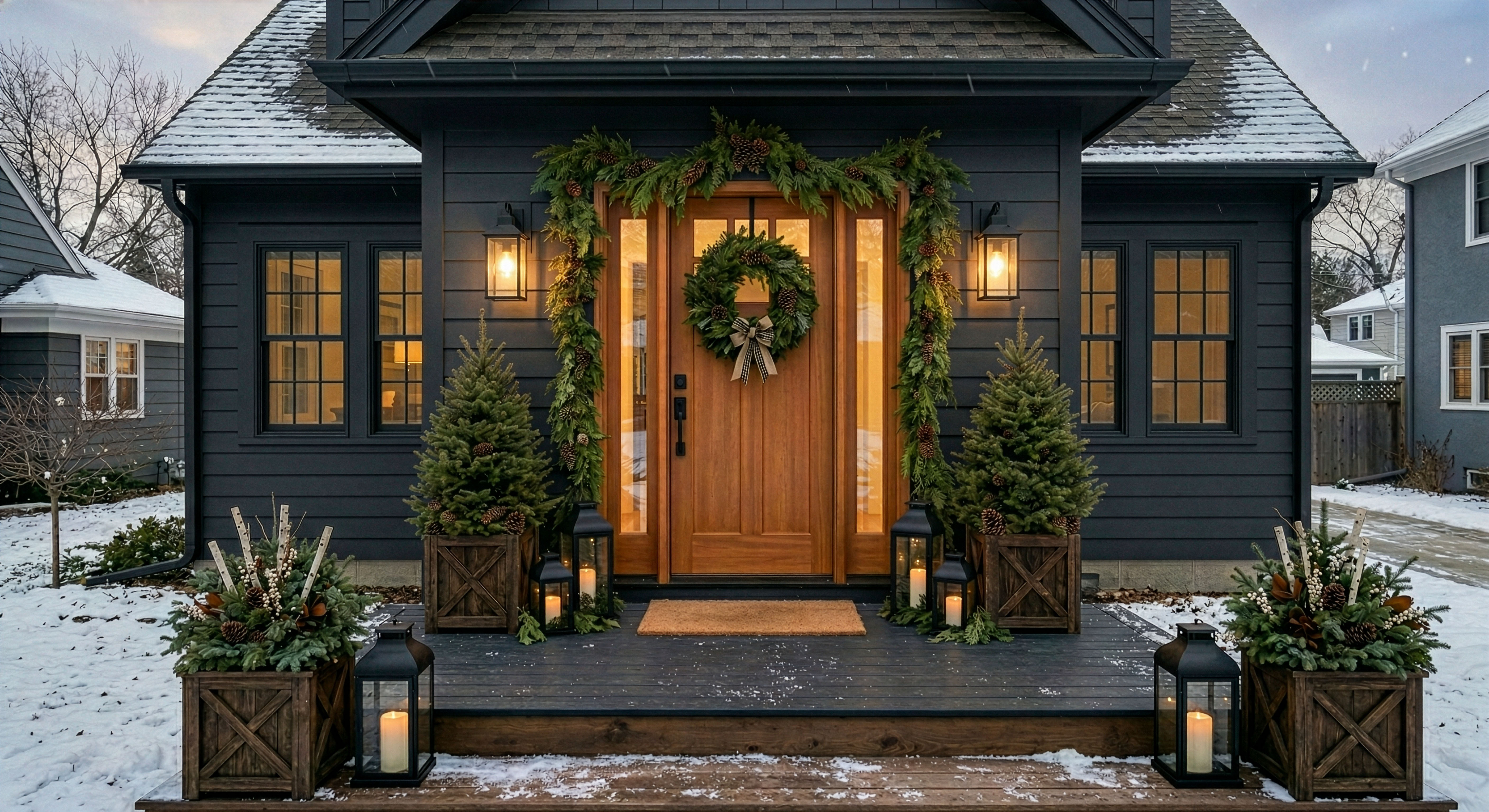 Winter greenery container with Christmas porch styling in the Twin Cities