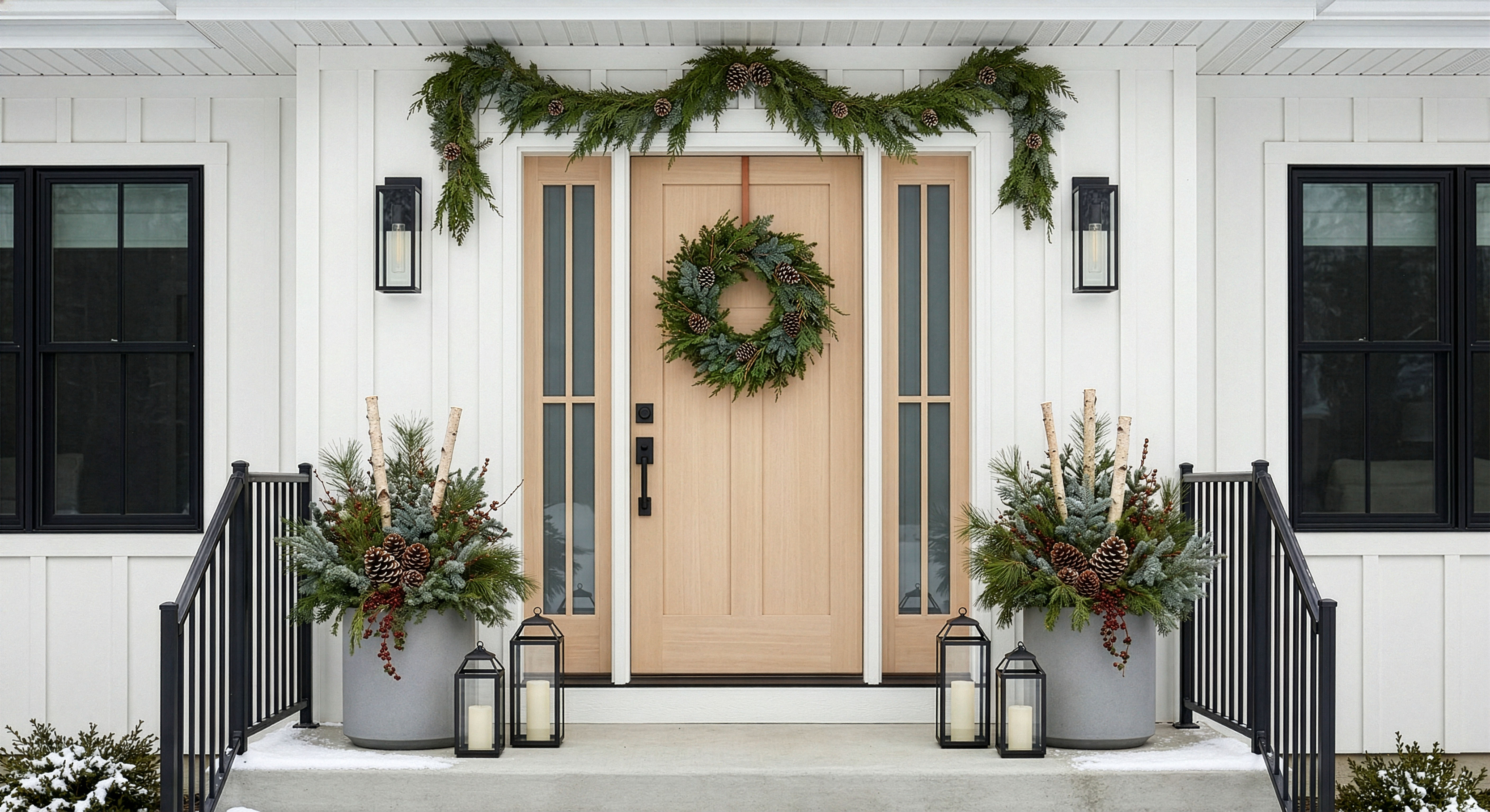 Minnesota front porch with layered winter greenery and Christmas decor