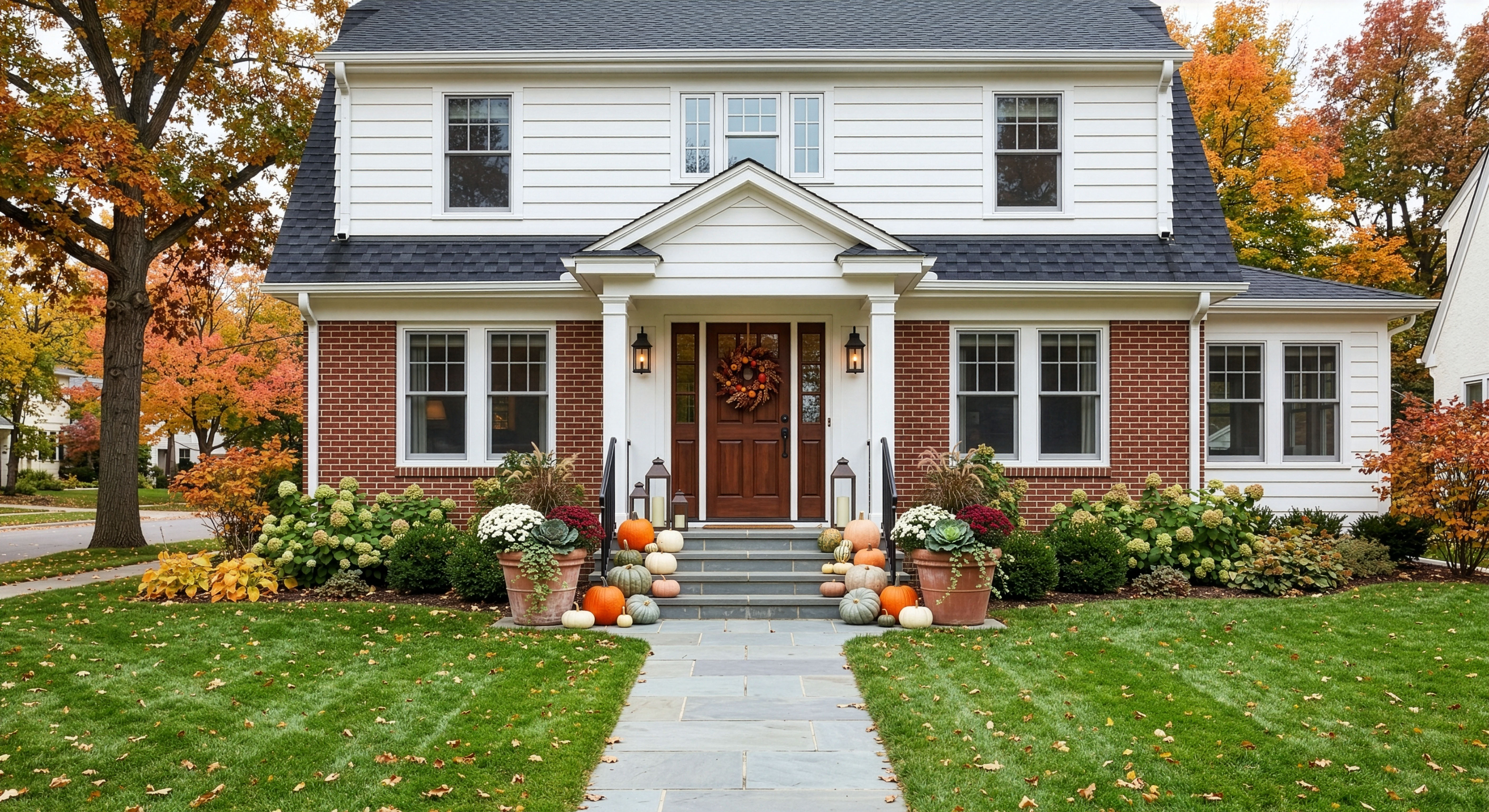 Plymouth front porch with pumpkins and fall container styling
