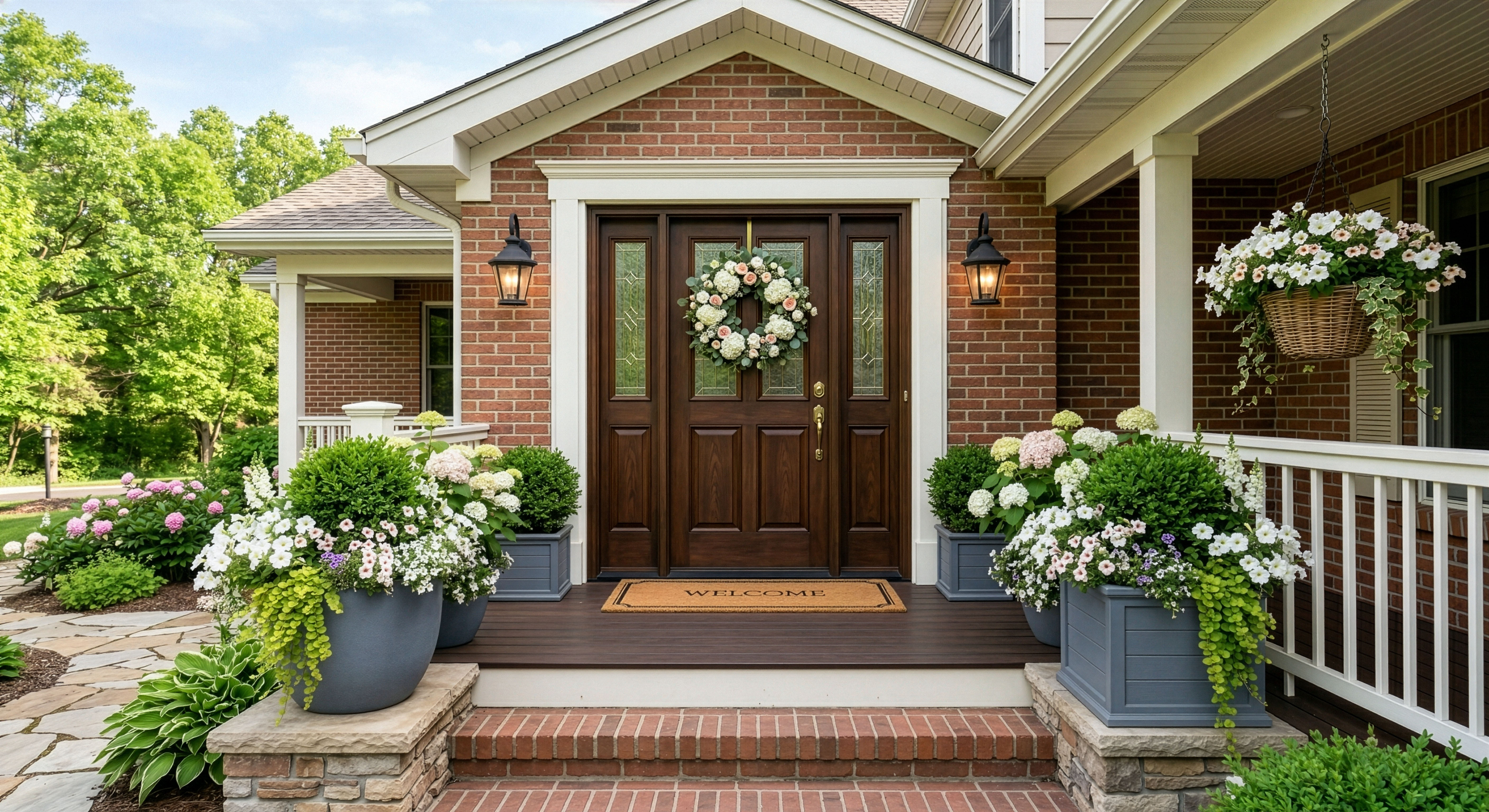 Front porch with vibrant summer container plantings in full bloom