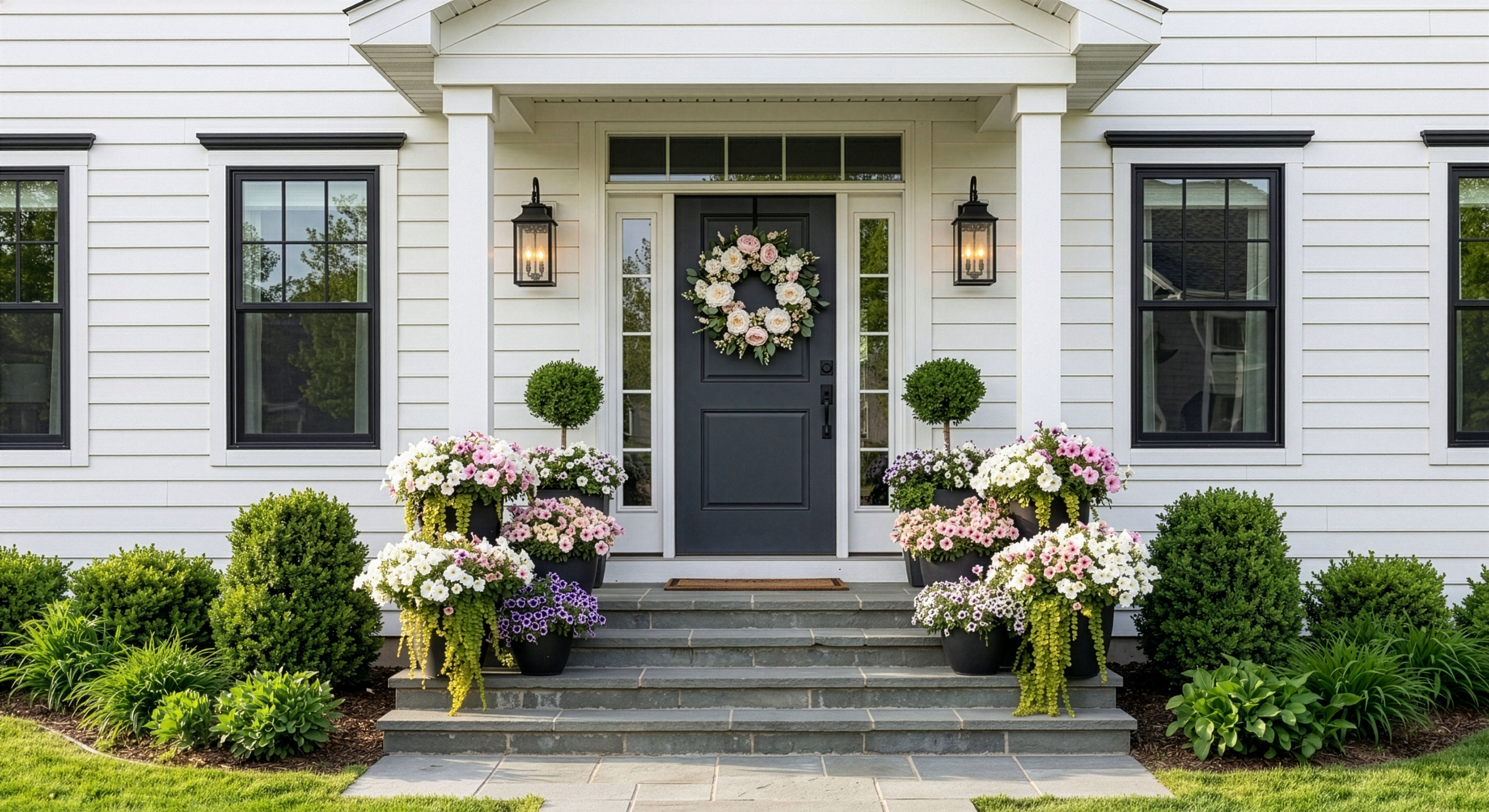 Front porch with spring container plantings and seasonal floral arrangements