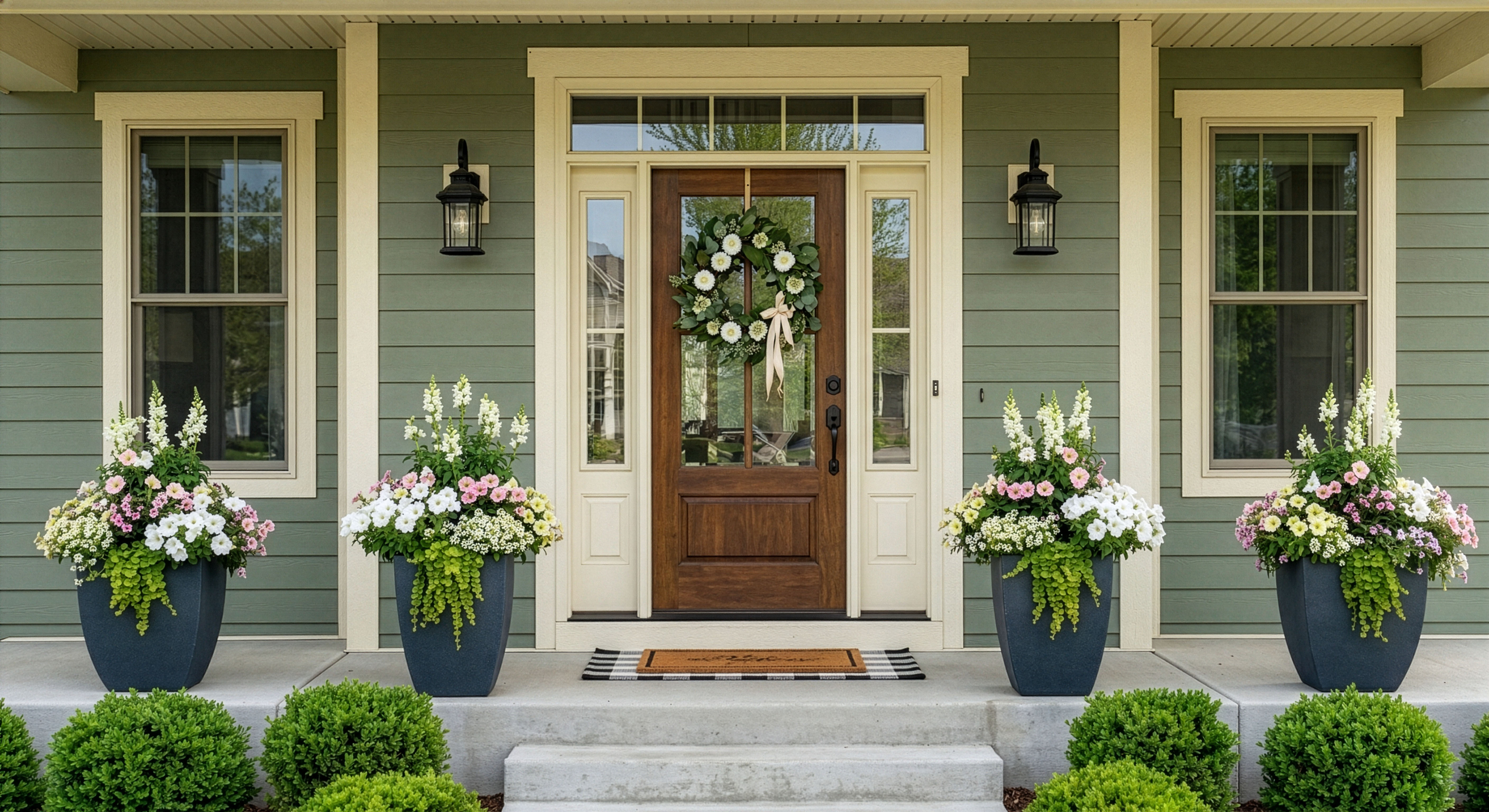 Minneapolis front porch with spring container plantings