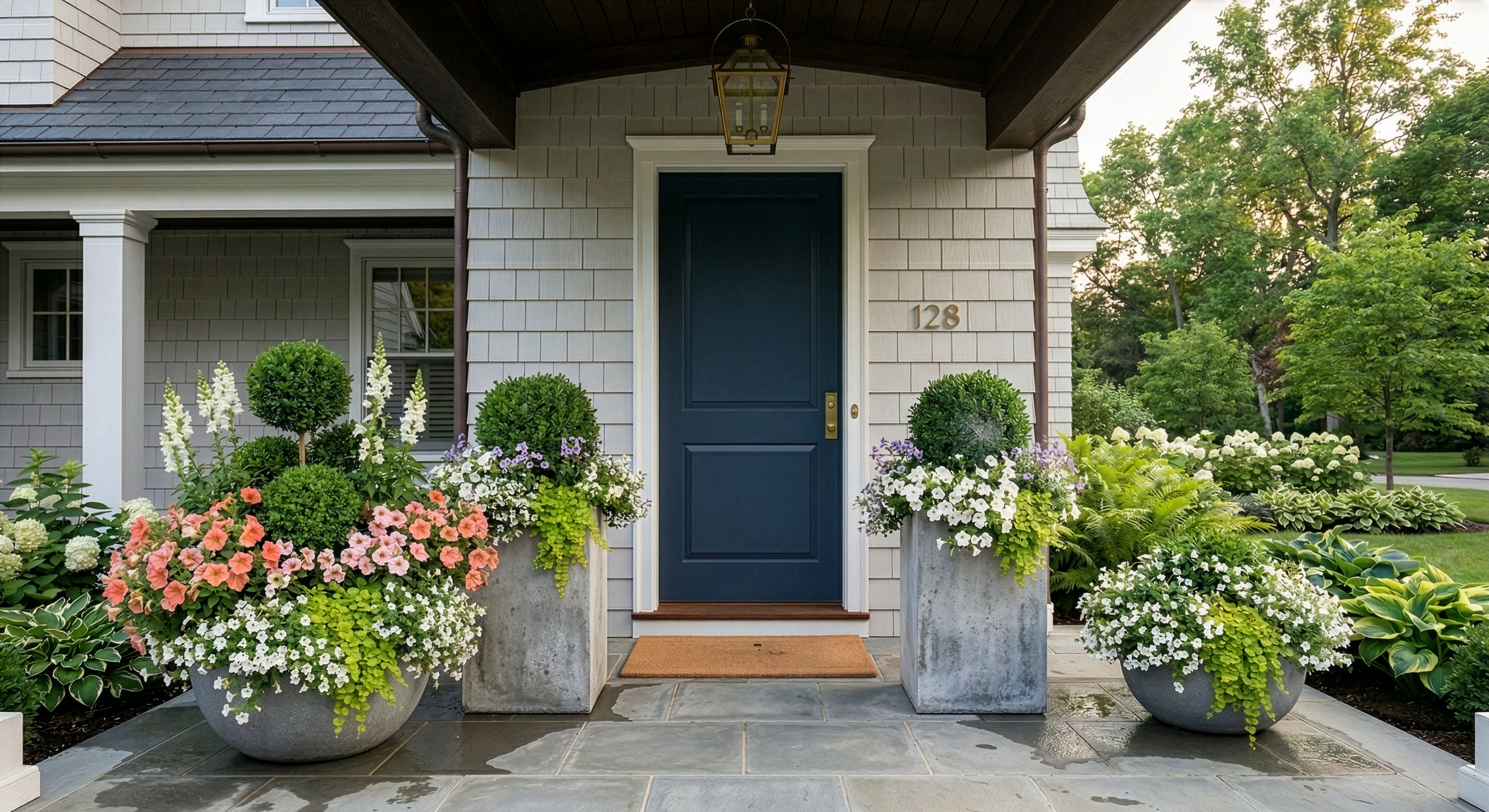Spring porch with window boxes and container blooms