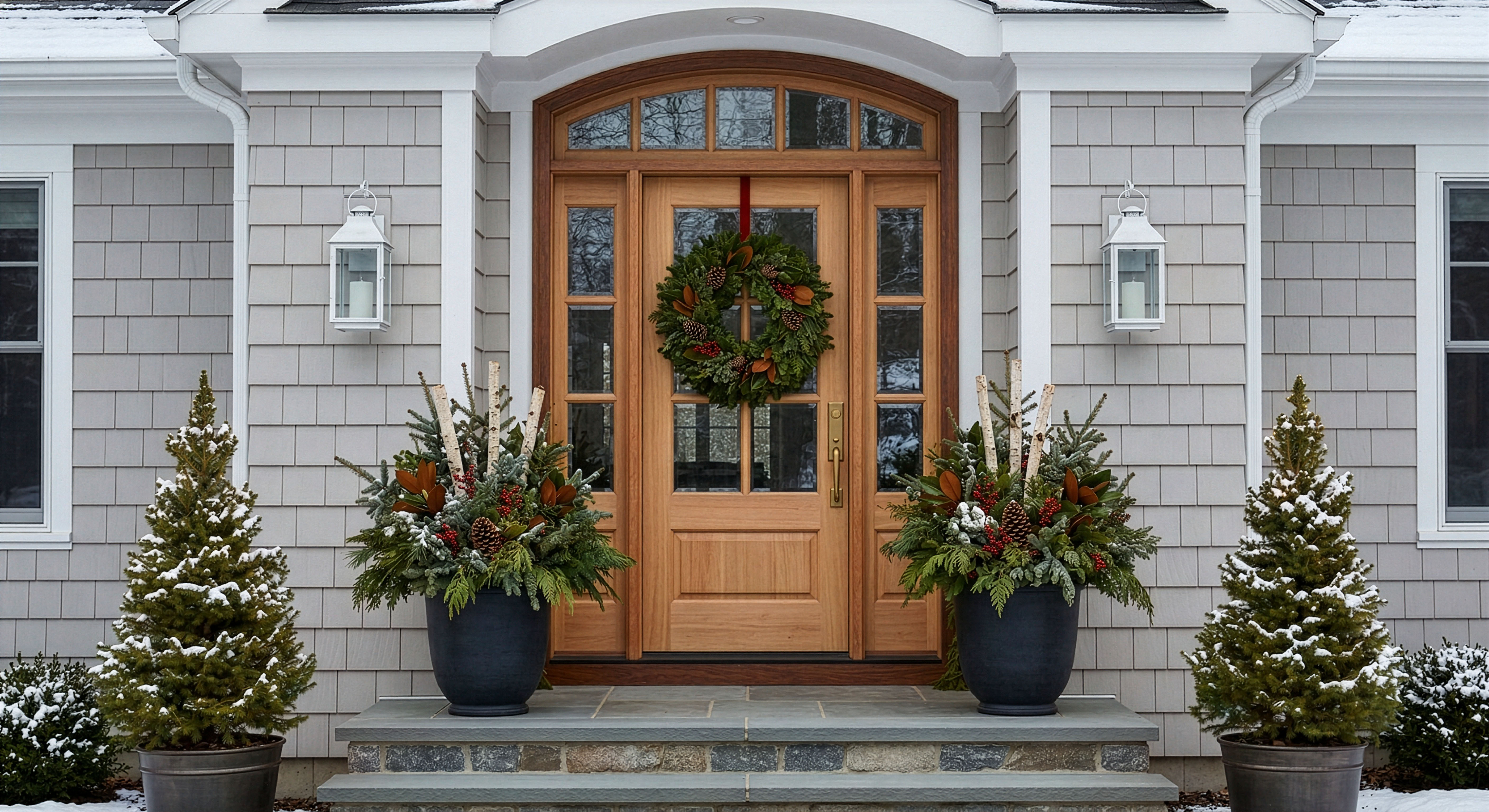 Twin Cities porch with garland, wreaths, and winter greenery containers