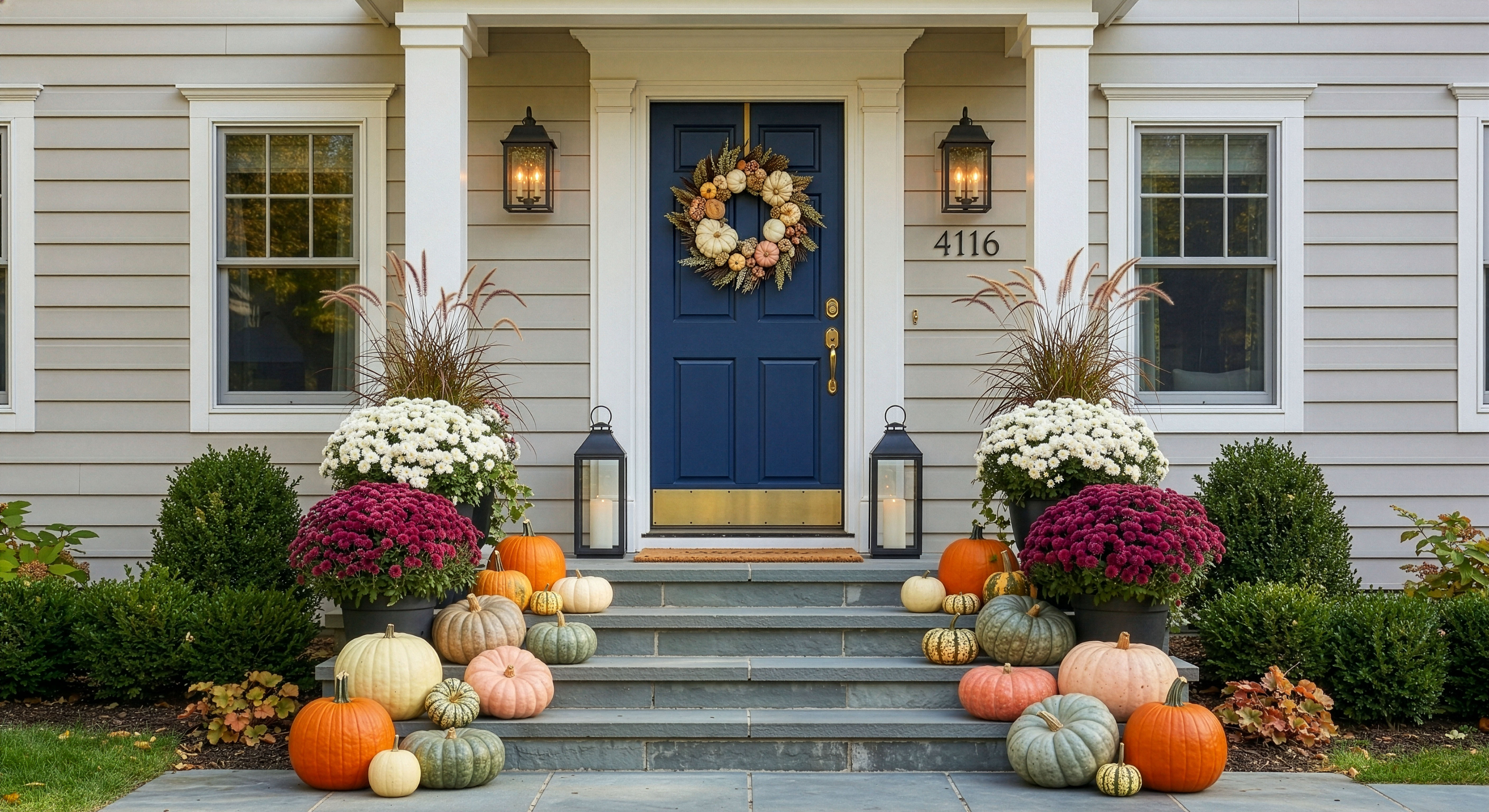 Minneapolis St. Paul Stillwater porch with pumpkins and layered fall decor